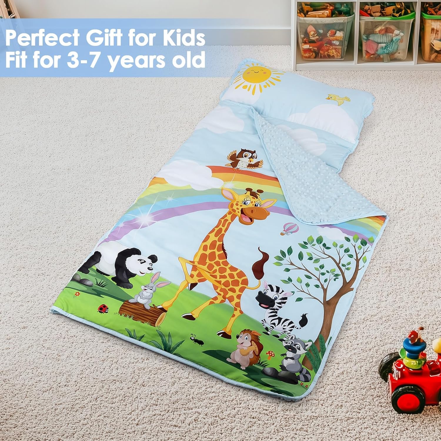 Kids Nap Mat Portable Slumber Bags with Removable Pillow and Blanket for Girls Boys, Lightweight Extra Large Sleeping Bag for Preschool Camping Daycare