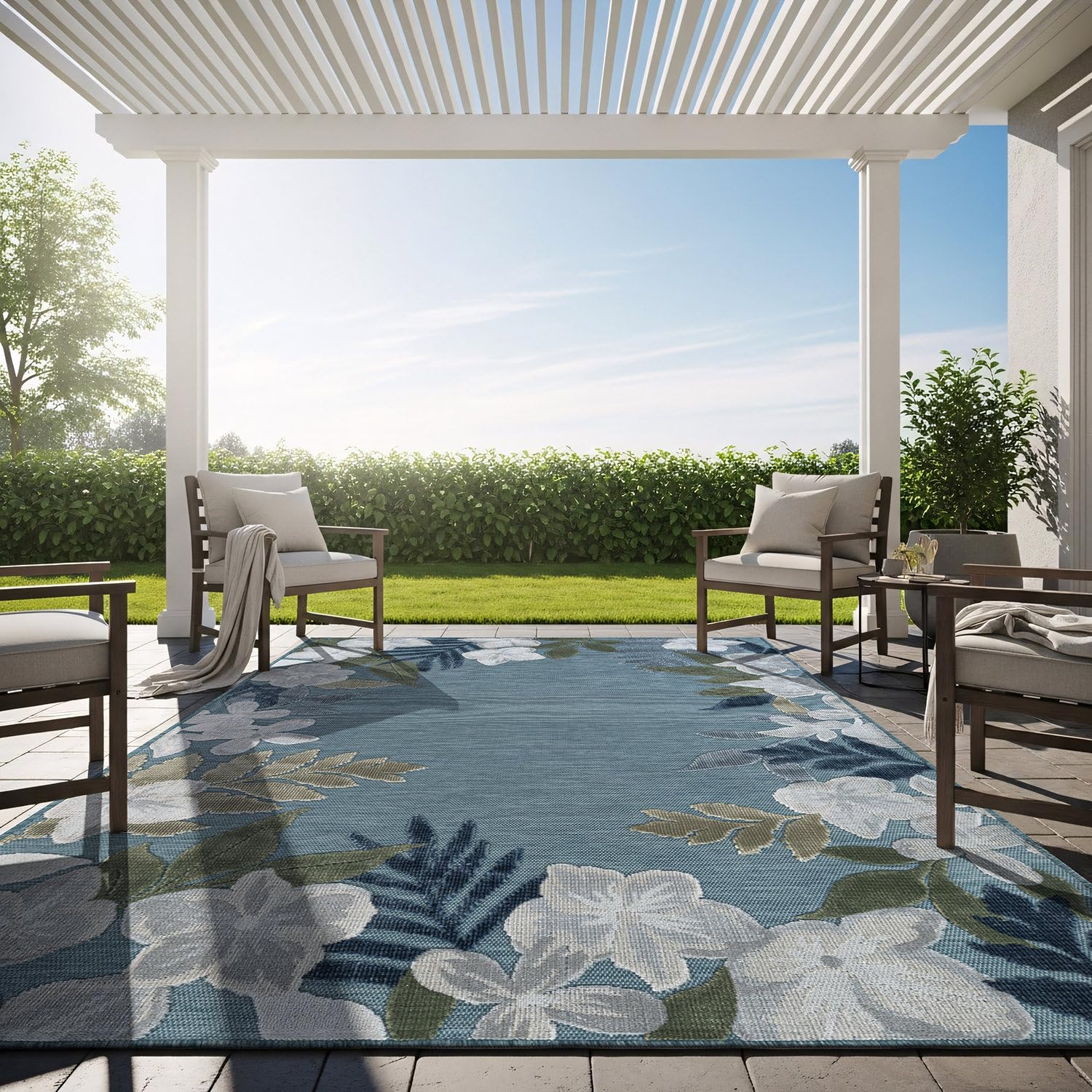 Outdoor Rug 6x9 Washable Area Rugs Indoor Outdoor Carpets Aqua Border Floral Non Shedding Waterproof Easy Clean Patio Deck Porch Living Room Bedroom