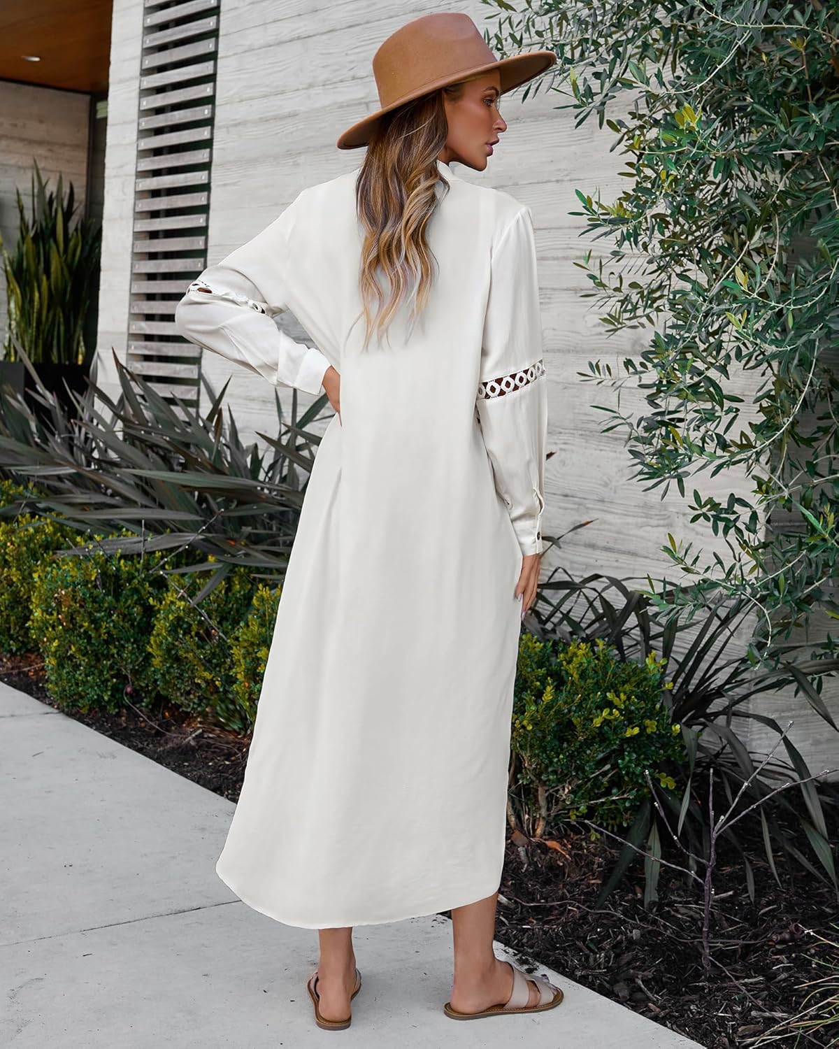 Bsubseach Women's Casual Long Sleeve Hollow Out Lace Button Down Long Kimonos Cardigans Swimsuit Cover Ups Summer Beach Dress - Image 5