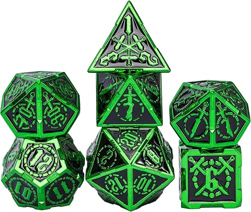 Juego de dados de metal DND, dados poliédricos de metal con patrón de espada para Calabozos y Dragones, dados D&D con bolsa de cuero para juegos de