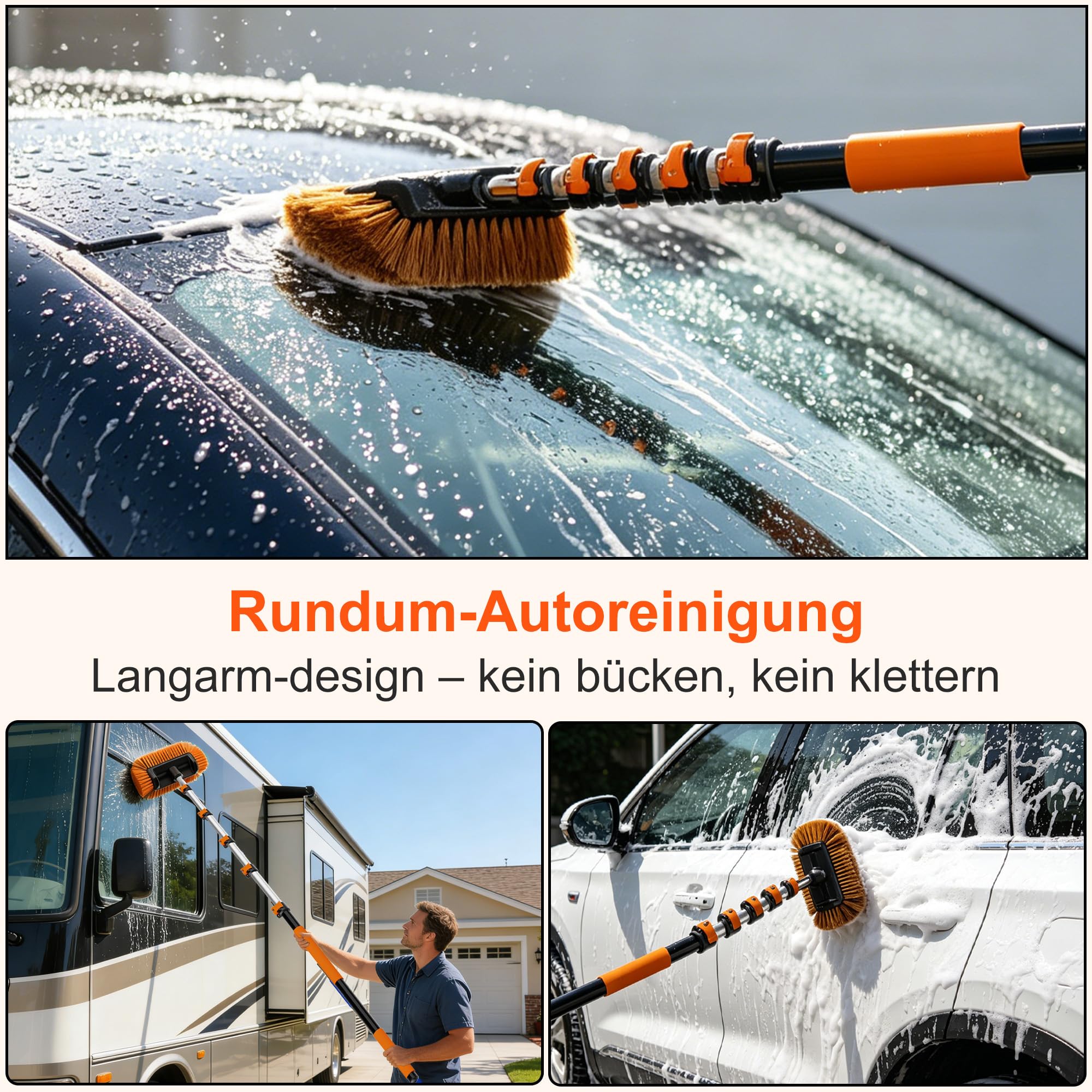 Autowaschbürste mit 5,5 m Reichweite & langem Stab, Autowasch-Set mit 1,2–3,6 m Teleskopstab, Radbürste, Mikrofaser-Wischmopp, Waschhandschuh, Fensterabzieher für PKW, Wohnmobile, LKW & SUV