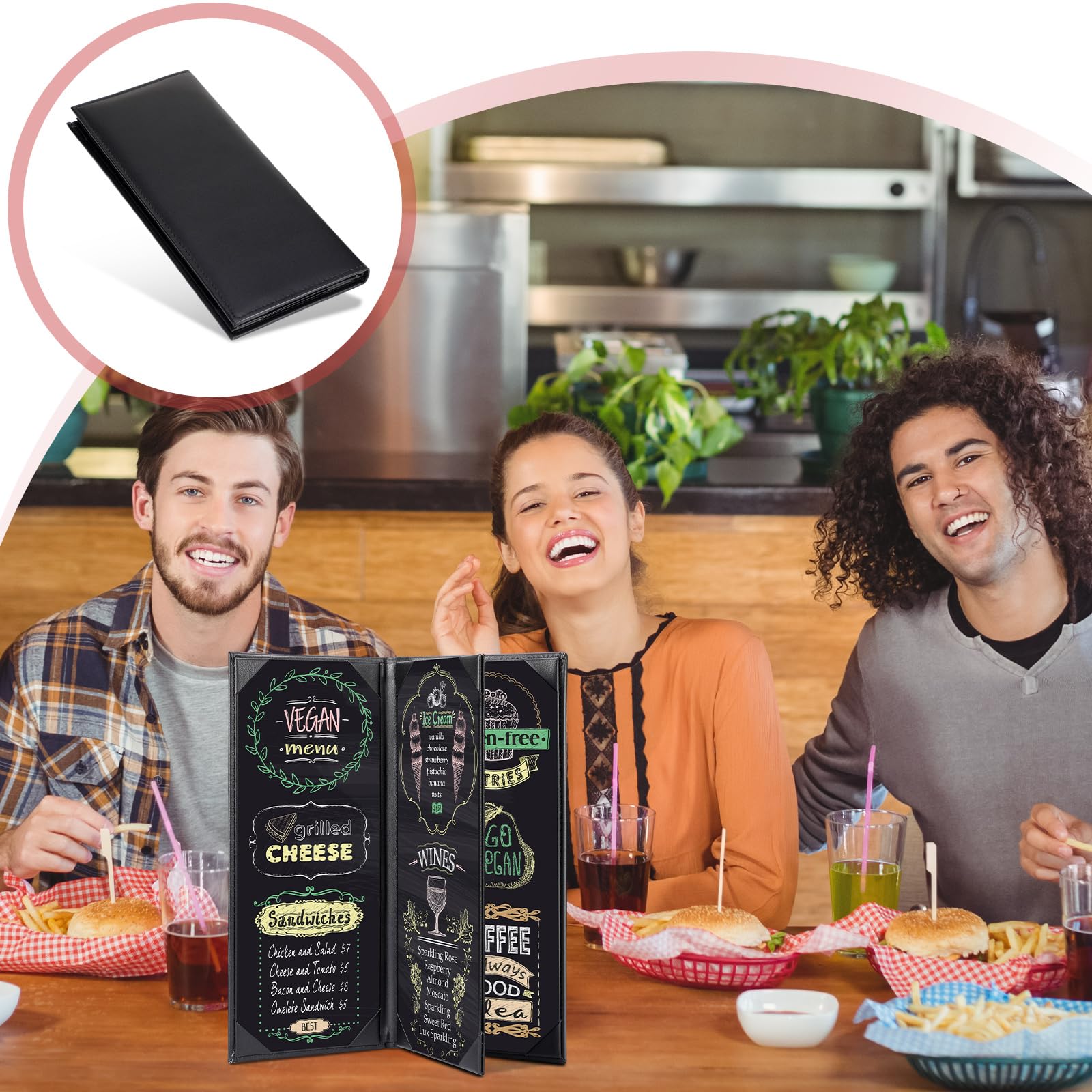 Jexine Cubiertas de menú negras impermeables para restaurante, cafetería, bar, piel sintética, 4 vistas, libro de menús plegable con esquinas en ángulo para bebidas de vino, cafeterías, lista, juego
