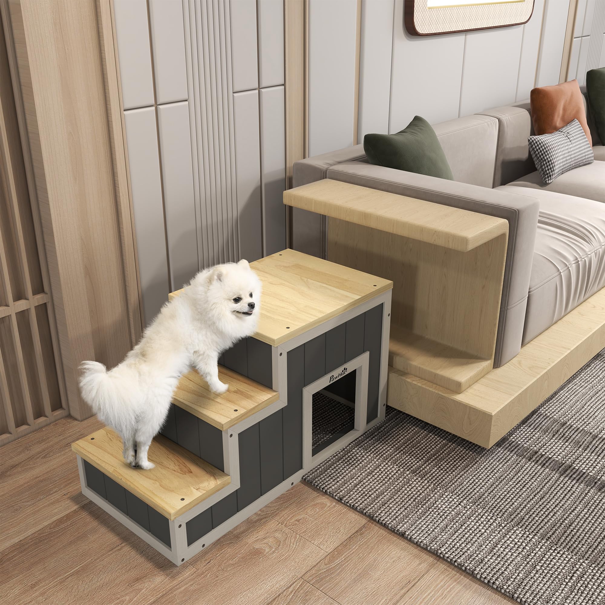PawHut 2-in-1 Hundetreppe, Katzentreppe mit Höhle, Haustiertreppe mit 3 Stufen, Haustierrampe aus Holz, Katenleiter bis 8 kg Belastbar, für Sofa, Bett, Natur, Grau