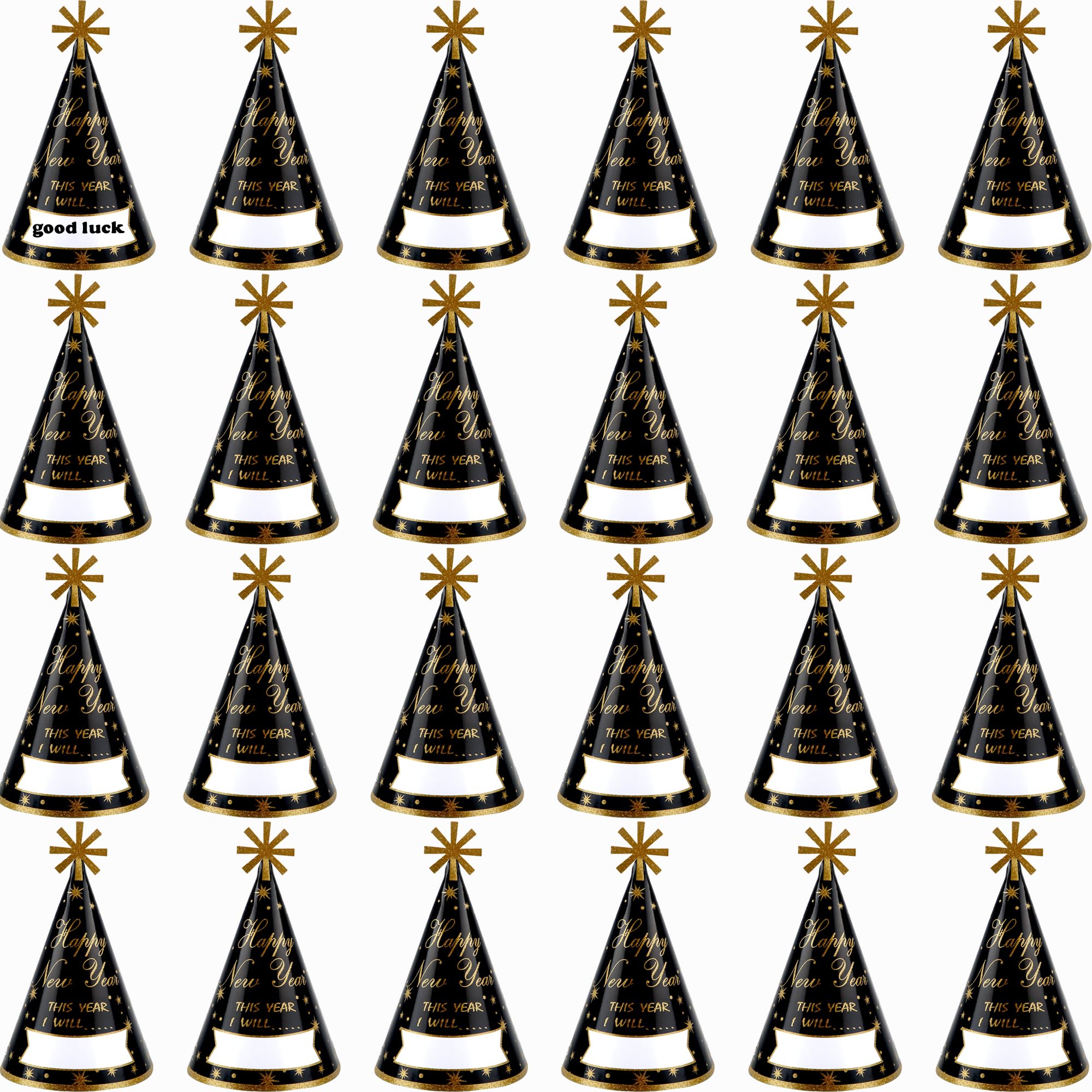 Restroma 24 Pieces Happy New Year Party Hats Bulk Paper Gold Glitter Party Hat New Year Cone Hat for Adults Kids Happy New Years Eve Countdown Party Favors