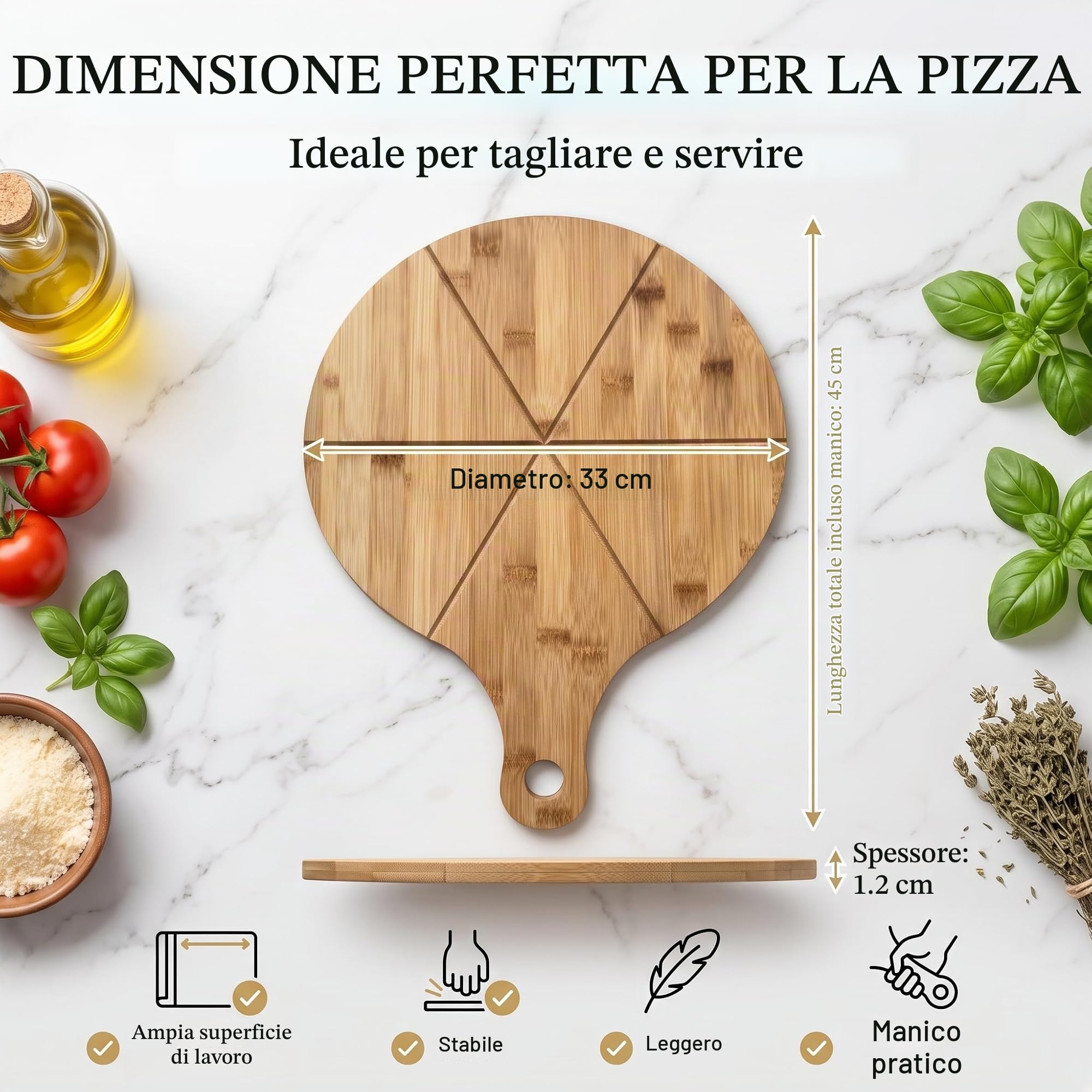 hausleben Piatto per pizza in legno da 33 cm (set da 2 da 3 a 4 pezzi) grande con manico, piattino, tagliere per pizza rotondo, tagliere per pizza e pizza (set da 6)