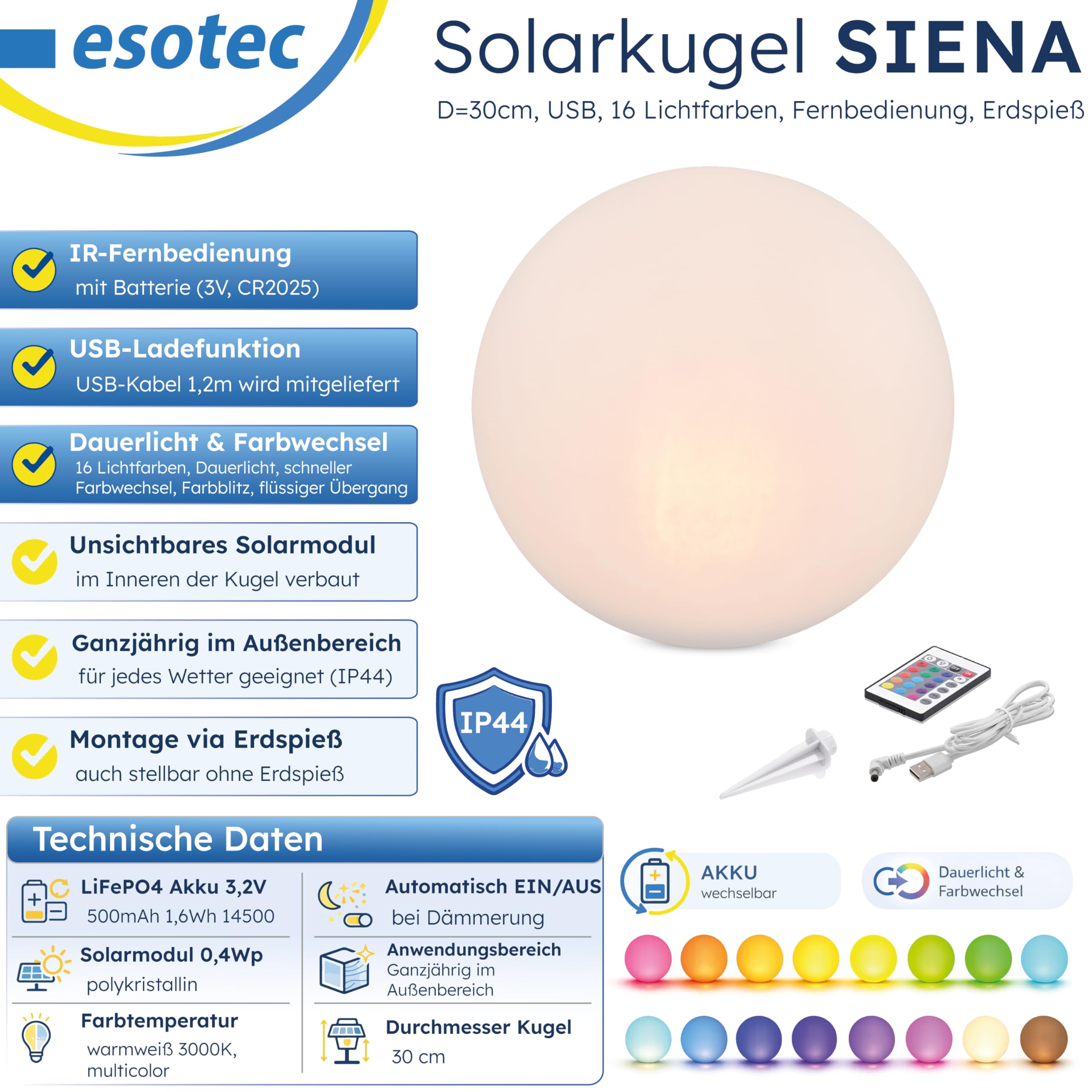 Esotec Solar Leuchtkugel Solarkugel Multicolor Dekoleuchte Siena 30 102891