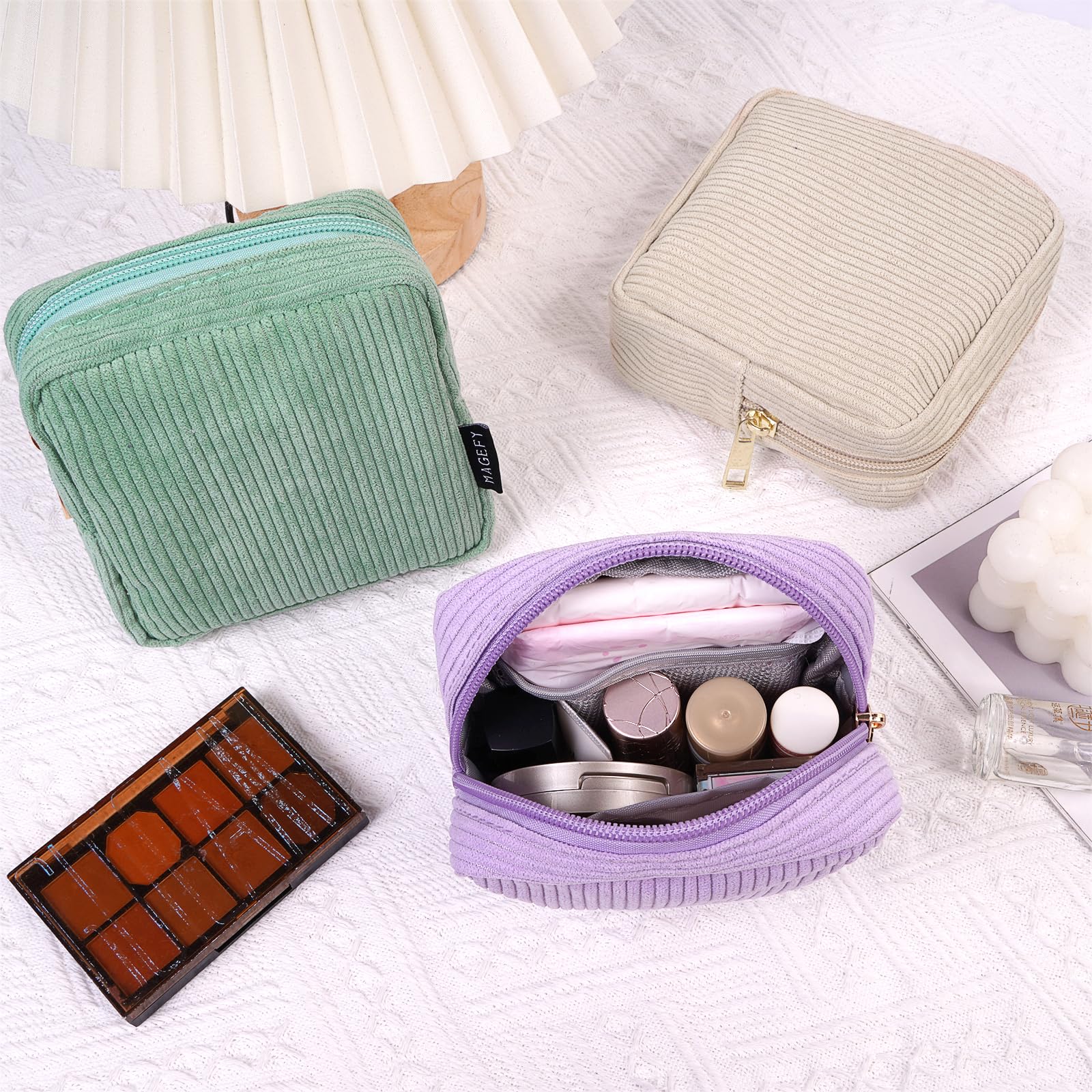 MAGEFY Small Make Up Bag for Women Corduroy Cosmetic Bag with Compartments Mini Pouch Purse with Zipper (Purple) - Image 2