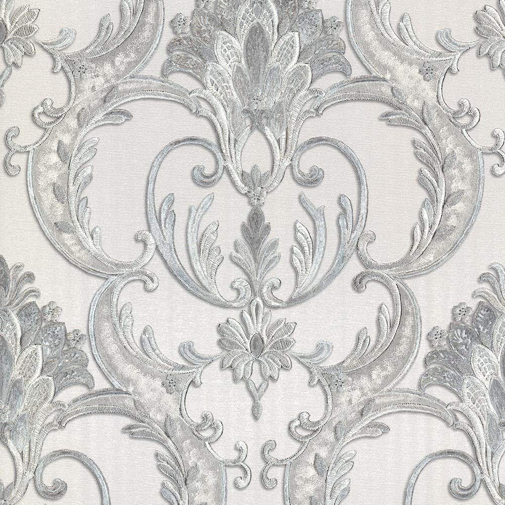 Debona Wallcoverings Grey Debona Perla Damask Wallpaper 9091 - Textured Italian Vinyl Glitter
