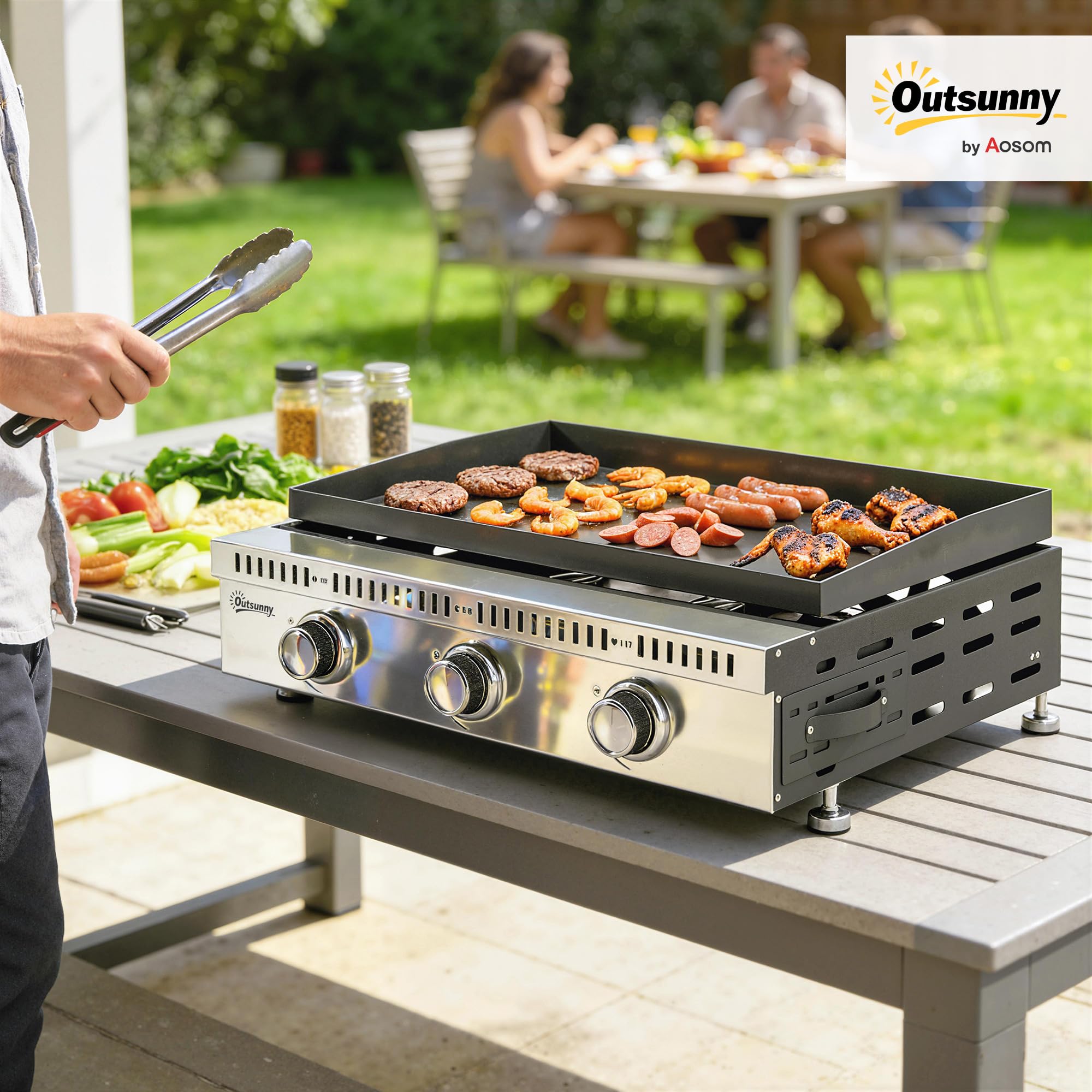 Outsunny Barbecue a Gas Portatile 3 Bruciatori 9 KW Acciaio Inox, Griglia BBQ da Tavolo con Vaschetta Raccogli Grasso, Regolatore, Nero