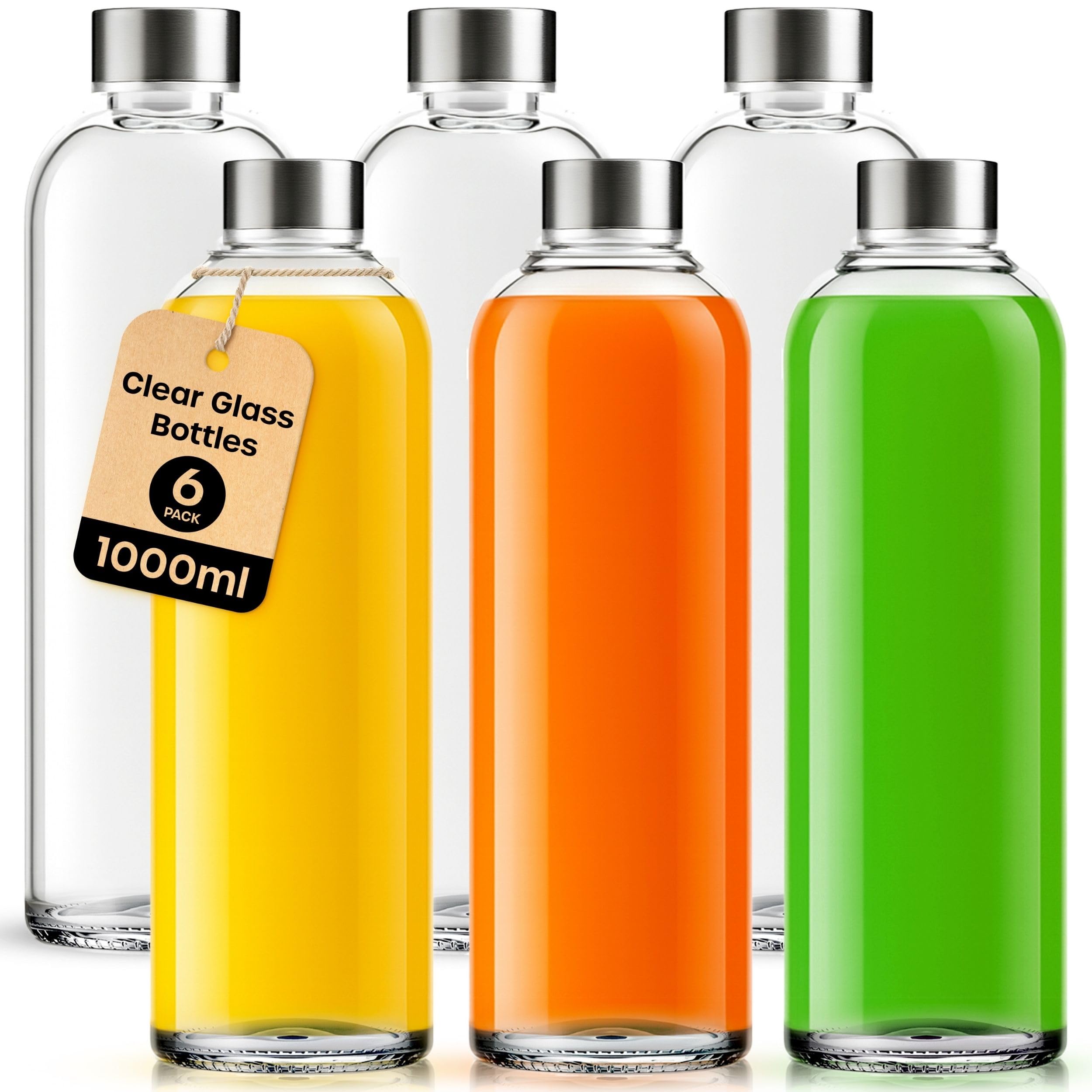 volila Glass Bottles with Lids - 6 Pack 1000ml Leakproof, Reusable Glass Drinking Bottle for Water, Juice, Milk and Smoothie - with Airtight Metal Lids, Cleaning Brush and White Labels