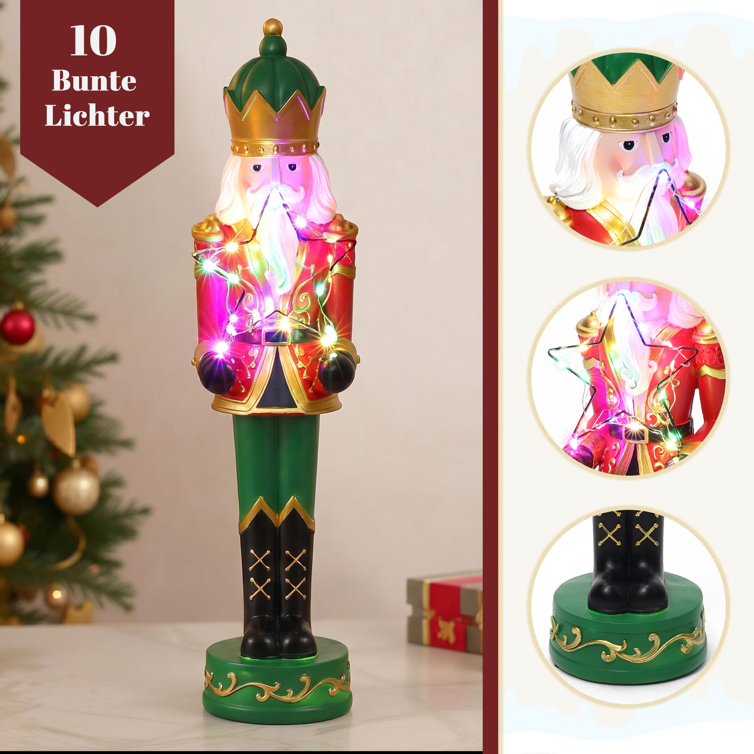 Hometopia Nussknacker Figur mit LED-Stern, 46 cm, Weihnachten Deko Rot-Grün
