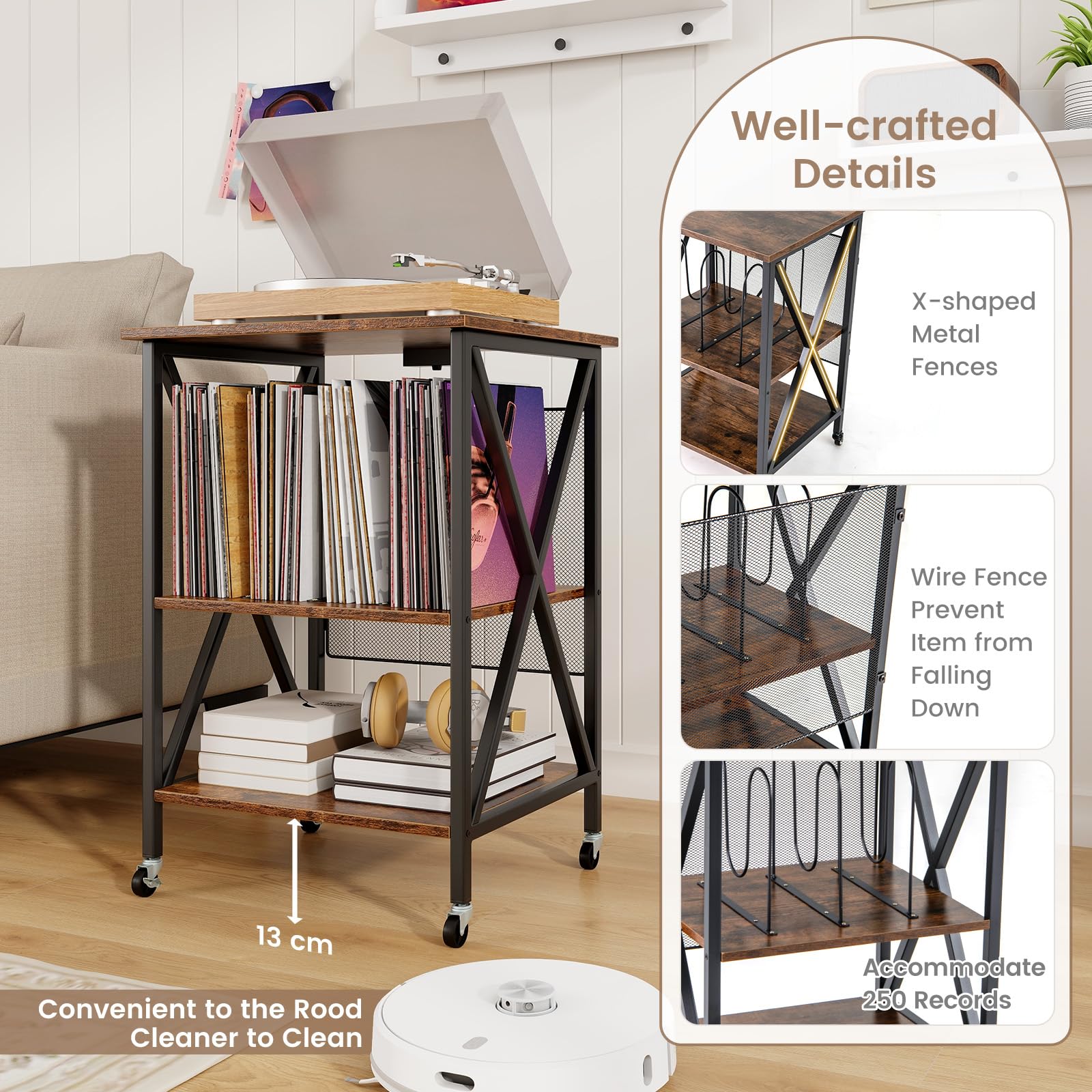 GIANTEX Support de Tourne-Disque avec 2 Prises (USB & Type-C), Table de Rangement pour 250 Disques Vinyles, Style Milieu du Siècle, roulettes Verrouillables, pour Chambre, Salon (Marron)