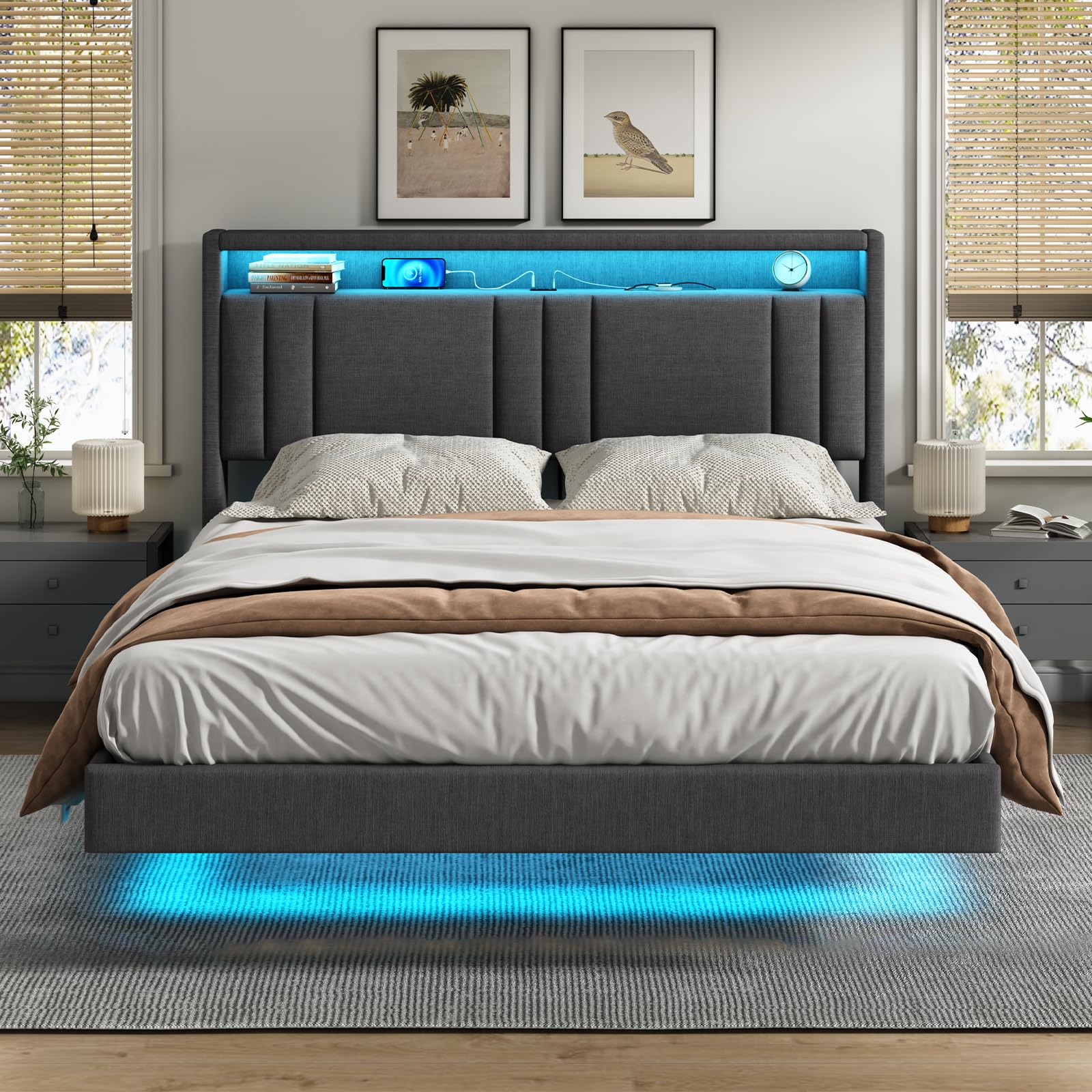 KIMENICH Floating Double Bed Frame 135x190cm, Upholstered Headboard with LED Lights, 4ft6 Double Bed Frame with Sockets & Storage Shelf, Sturdy Metal Frame, No Box Spring Needed, Linen Grey