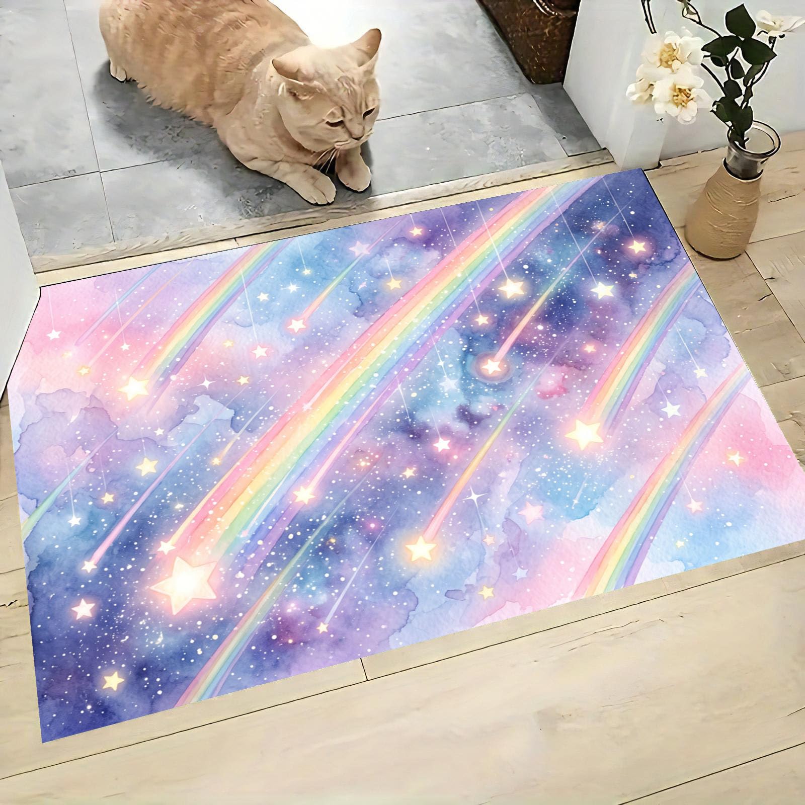Felpudo Entrada Casa, 80x120cm Alfombra de Puerta Arcoíris De Meteoros Tapetes de Interior Estilo De Chica Soñadora Antideslizante para Decorativo Dormitorios y Zonas Entrada Cuartos, Azul-Púrpura