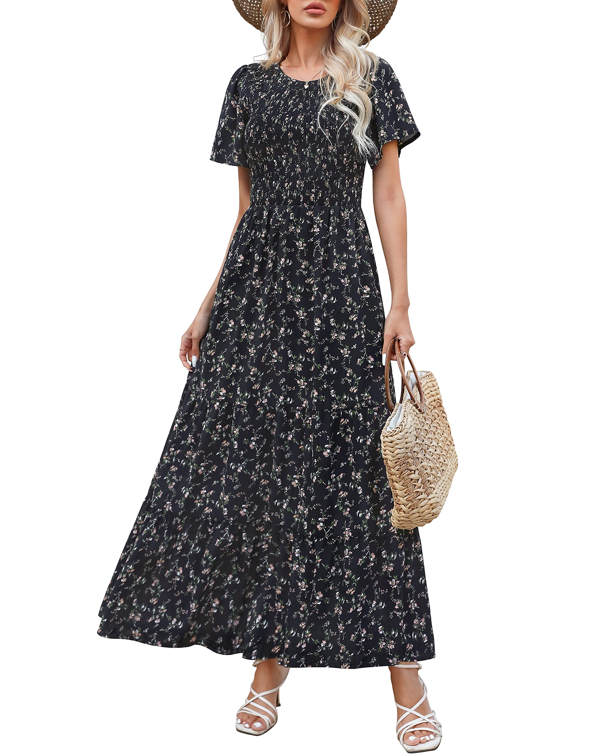 Kranda Women 2025 Summer Fall Crewneck Short Sleeve Smocked Floral Maxi Dress