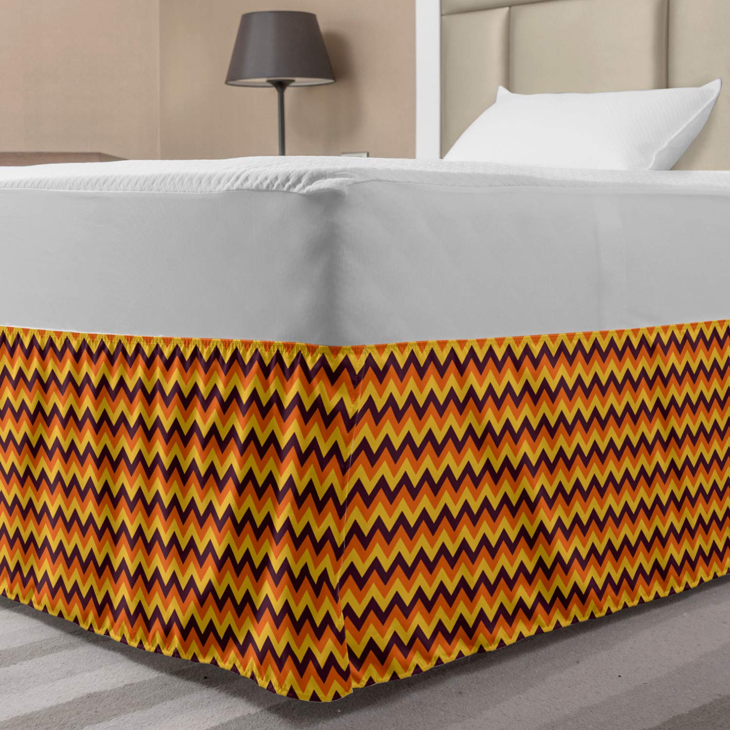 Lunarable Chevron Bed Skirt Autumn Warm Colors and Geometrical Classical Antique Design Simple Elastic Bedskirt Dust Ruffle Wrap
