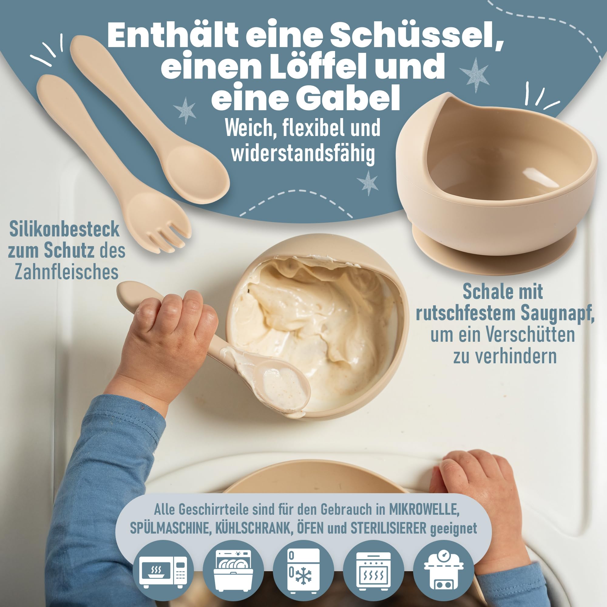 Kindergeschirr set aus Silikon mit Transport oder Aufbewahrungstasche - Kinderbesteck ab 1 jahr - Beikost baby zubehör - Fruchtsauger Baby - Esslernlöffel Baby mit Squeeze Flasche