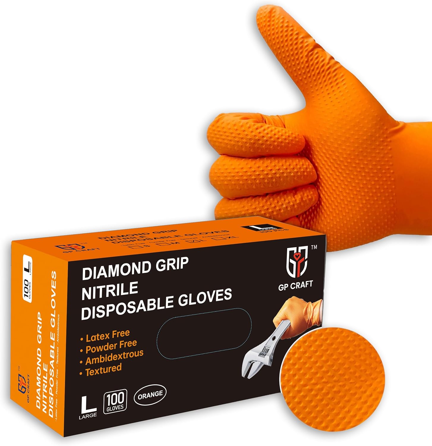 GP-68 Orange Nitrile Gloves - 8 Mil Heavy Duty - Latex-Free, Powder-Free, Disposable w Diamond Grip