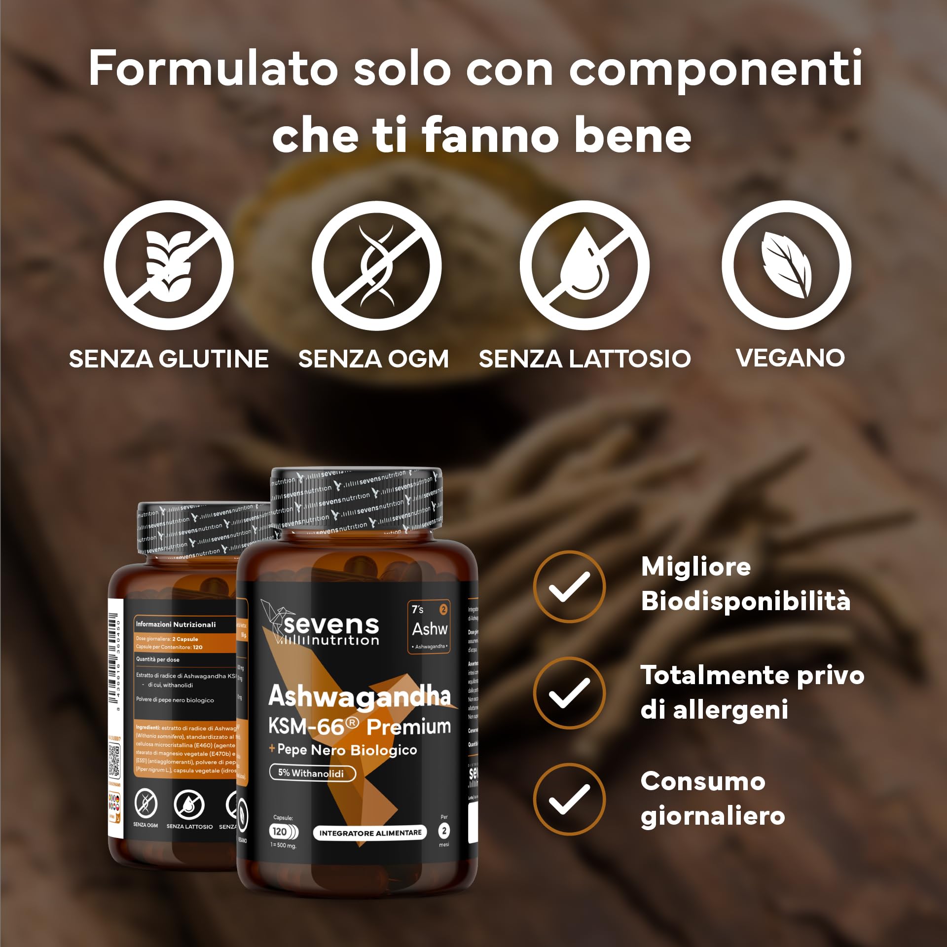 Ashwagandha KSM-66® Pura – Alta Biodisponibilità – Con Pepe Nero – 5% Withanolidi – Supporto per il Benessere, Energia e Funzione Psicologica – 120 Capsule Vegane