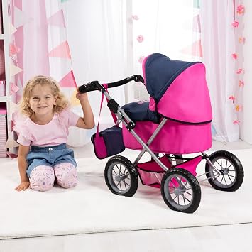 Bayer Trendy Doll Pram, Kids Play Stroller with Adjustable Handle, Blue | Fits 18 Inch Dolls, Foldable Metal Frame with Integrated Shopping Basket, Includes Matching Shoulder Bag and Large Wheels