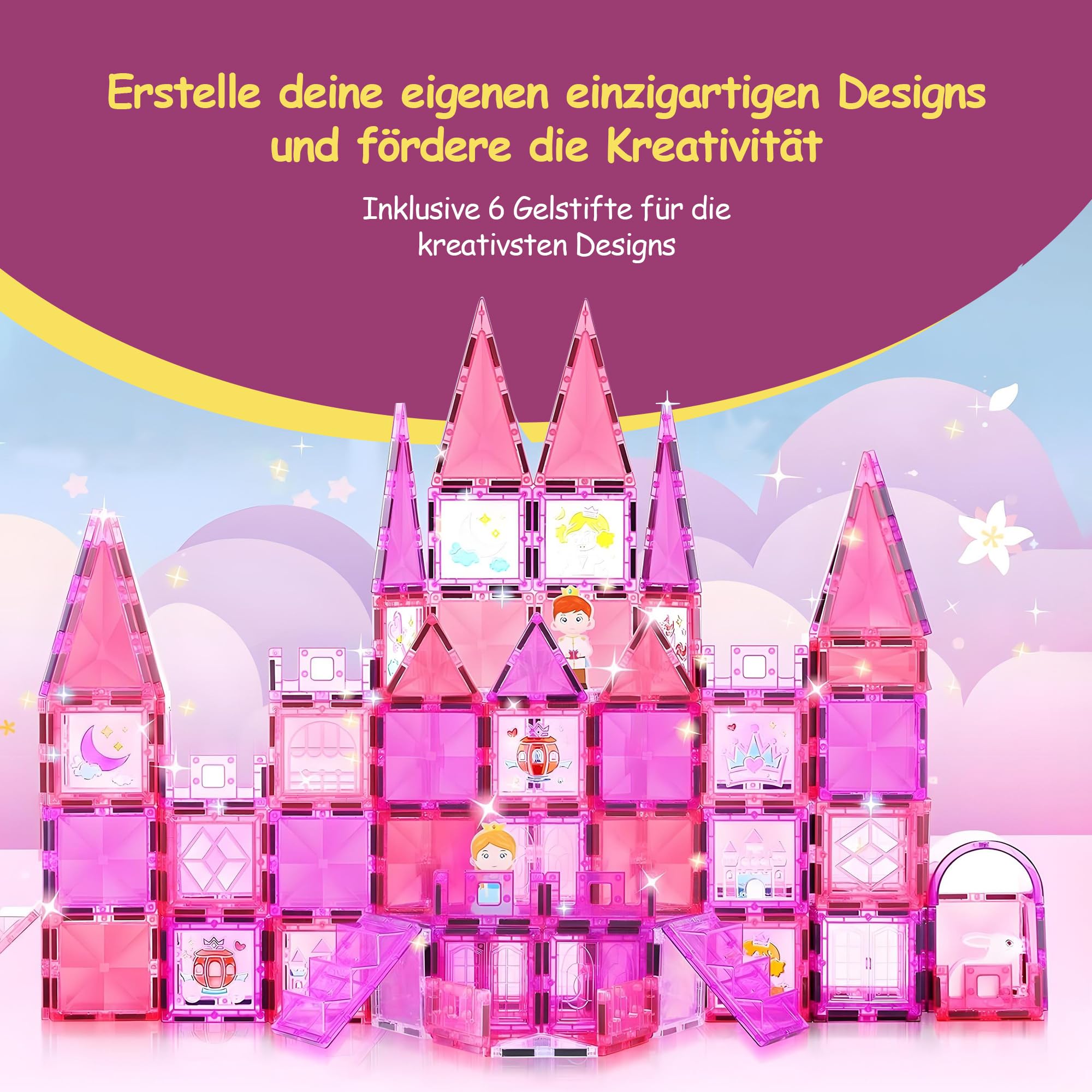 Olvy Magnetische Bausteine Montessori Spielzeug - 80 Magnetic Tiles Kinder - Magnetisches Konstruktionsspielzeug Ab 3 Jahre - Smart Playground Magnetbausteine, Magnetset Kinder (Prinzessin)
