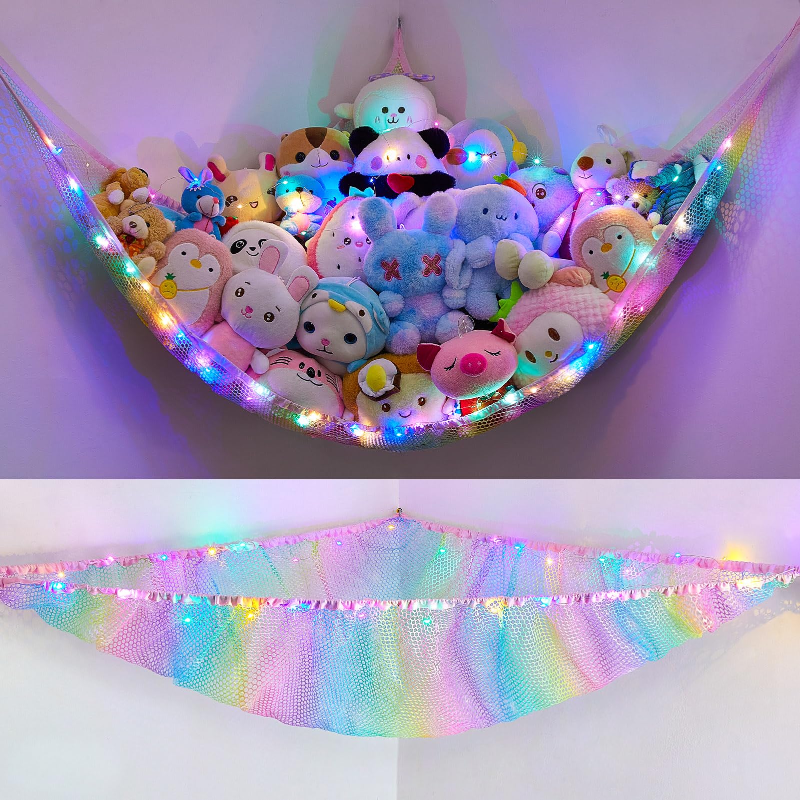 Unicorn Castle Stuffed Animals Net or Hammock Kids Toy Storage Organizer with LED Light Hanging Corner Stuffed Animals Holder Kids Girls Room Decor (Pack of 1)