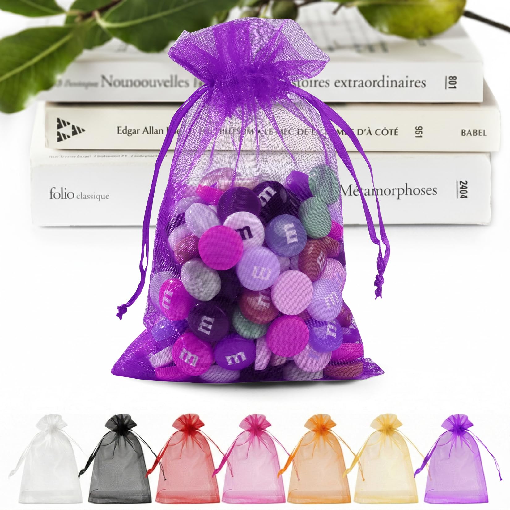 ANZNKU 50Pcs Purple Organza Bags 5x7 Inch, Small Mesh Gift Bag for Jewelry Candy Sachet Craft, Small Mesh Bags with Drawstring for Party Wedding Favor