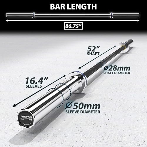 Miniatura 5 de Synergee Barra olímpica abierta de 33.1 lbs y 44.1 lbs de fosfato negro y cromado. Calificación de 1000 libras para levantamiento de pesas y