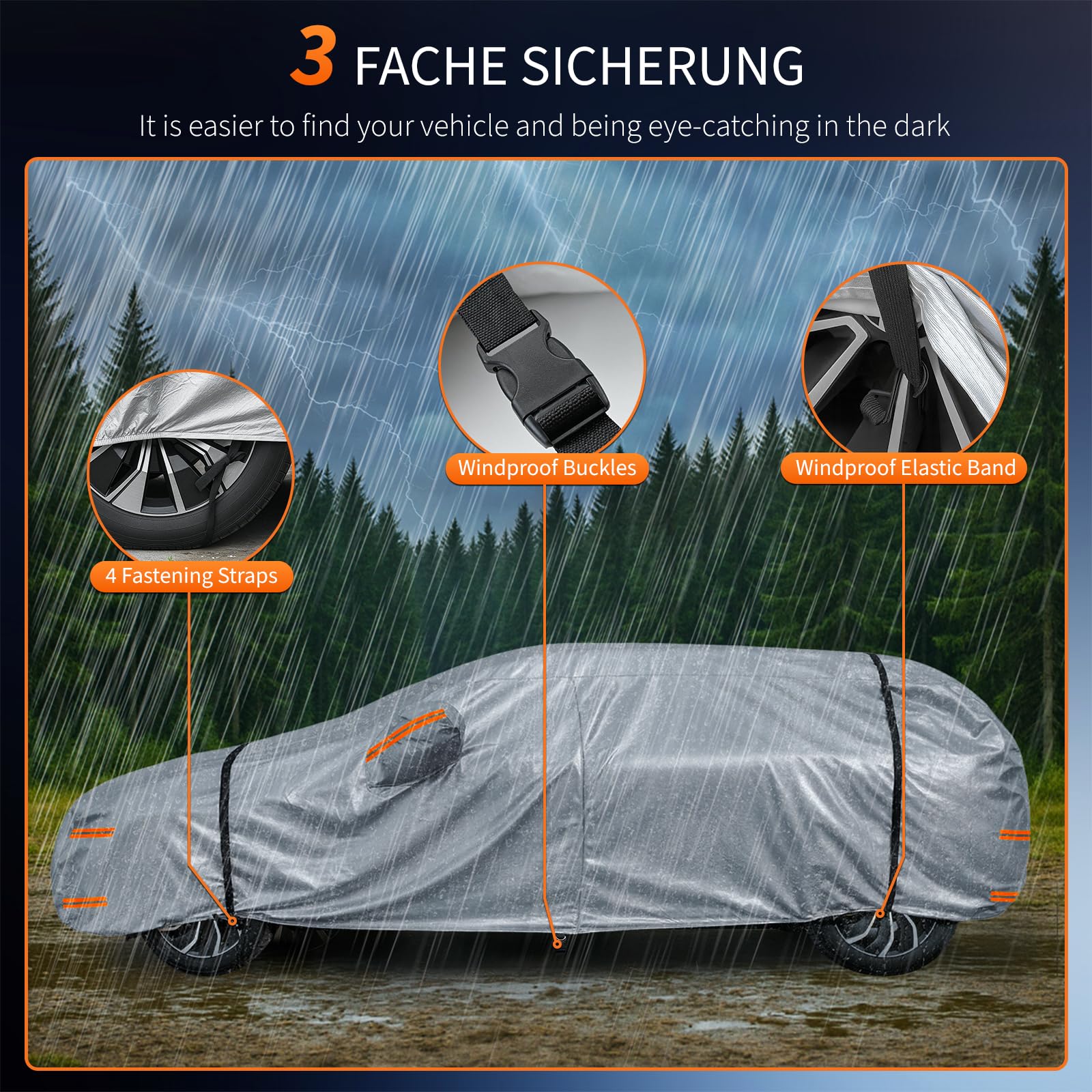 Housse de Protection Voiture 4 Saisons - Bâche Extérieur Étanche, Respirante et Protection Solaire avec Zip et Doublure en Coton pour Hayon & Citadine (415 à 450 cm) - Argenté