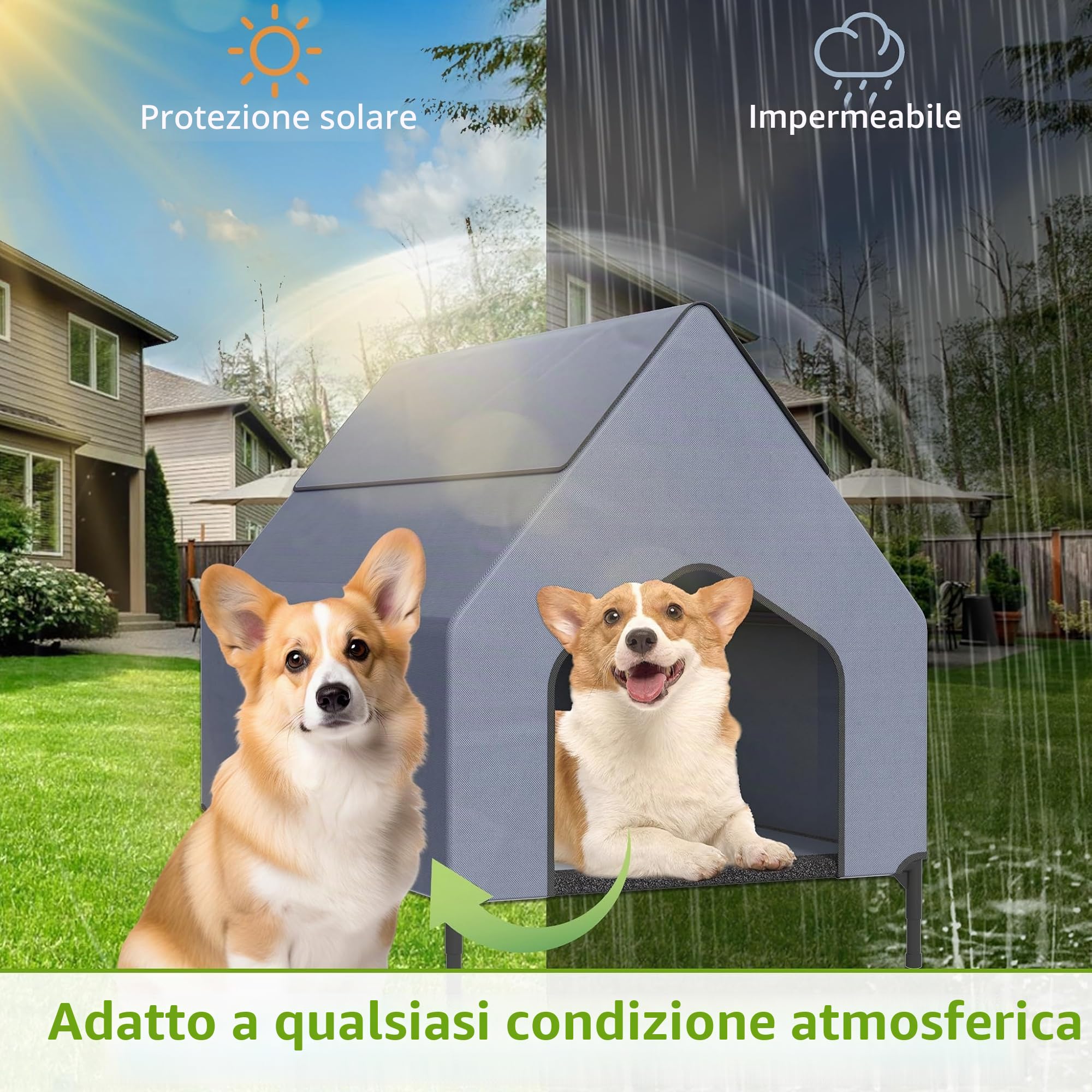 UISEBRT Cuccia per cani 2 in 1 e letto rialzato, coperta, tenda per cani di piccola e media taglia fino a 40 kg, ideale per giardino, 91 x 65,5 x 86,5 cm