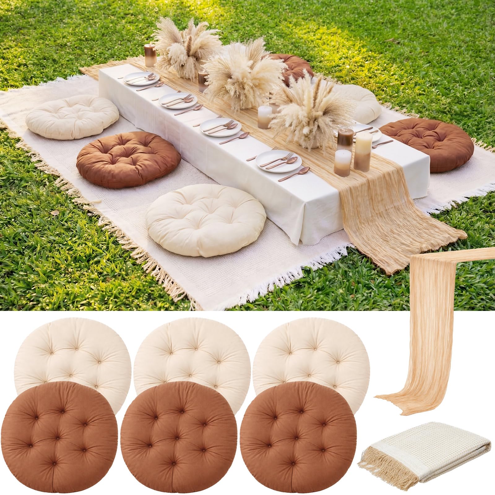 Photo 1 of Frienda 91'' x 71'' Extra Large Outdoor Boho Picnic Blanket with Camel Table Runner and 6 Brown Floor Pillows Cushions for Picnic Party Camping Wedding Bachelorette Birthday Baby Shower Backyard Decor