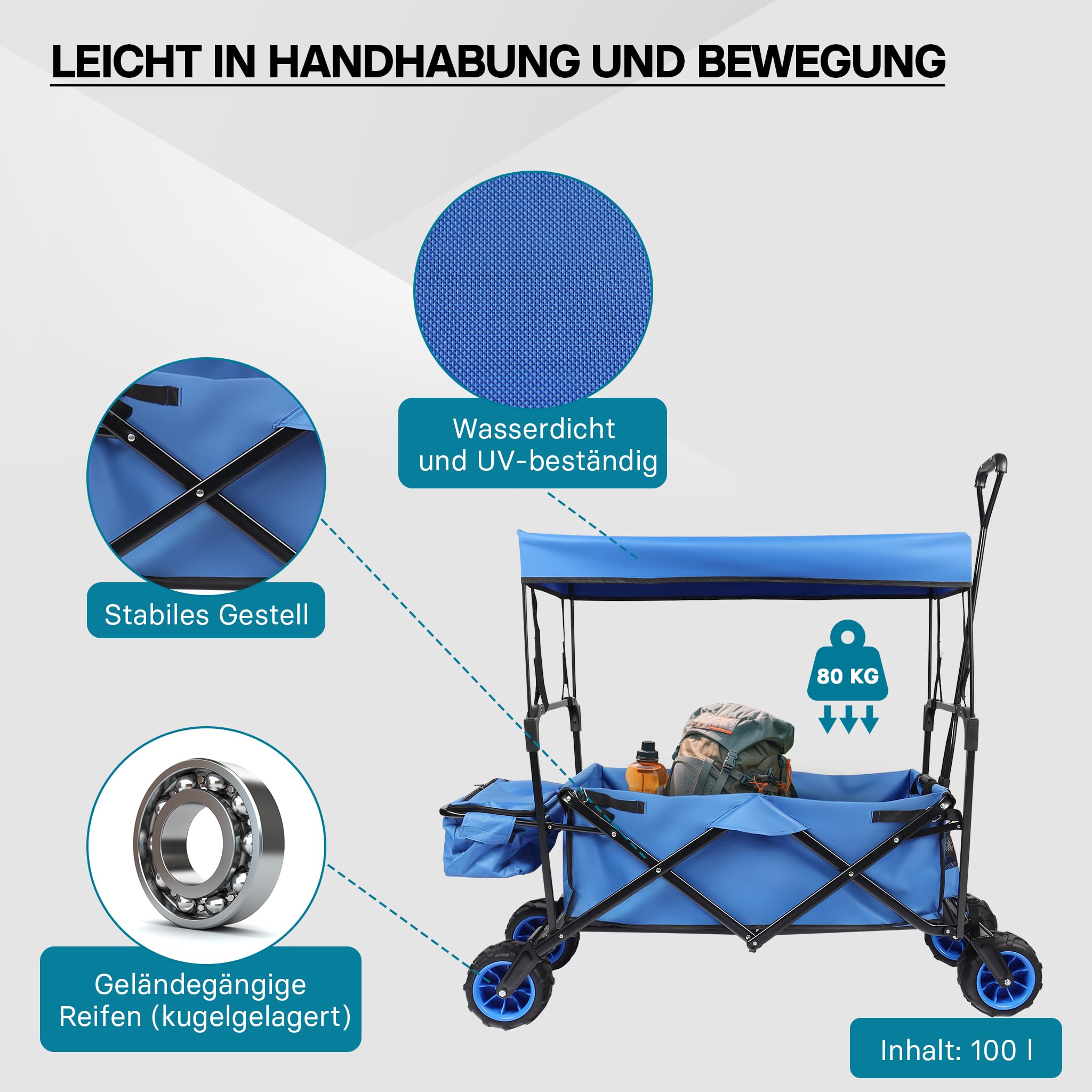 Wiltec Faltbarer Bollerwagen mit Sonnendach, Faltbollerwagen für max. 70 kg, Klappbollerwagen mit großer Ladefläche und Taschen, Offroad geeignet