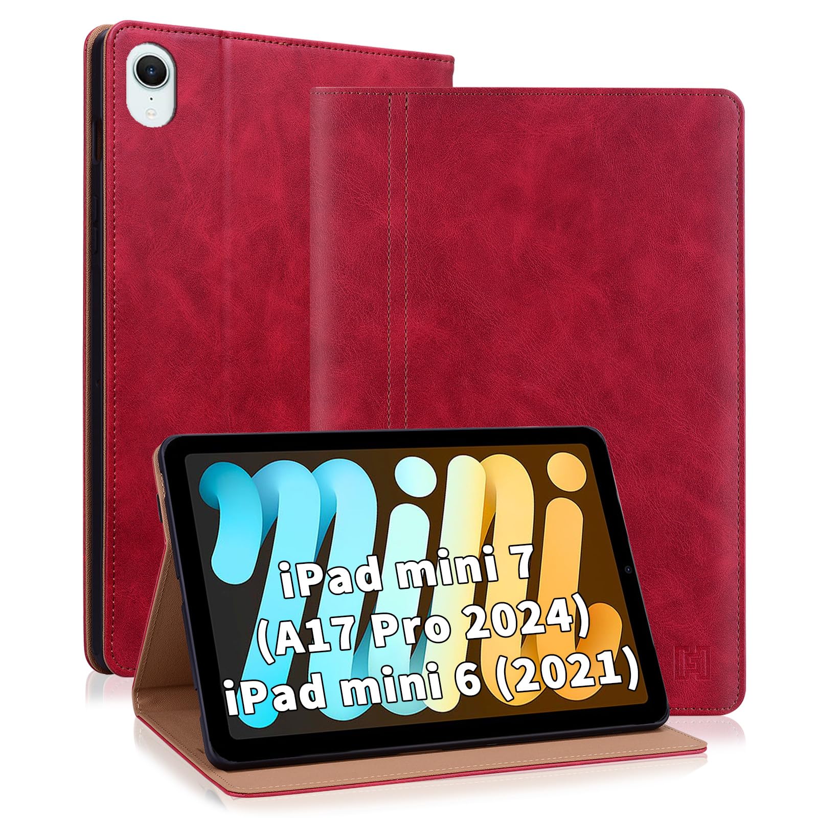 Cicili Hülle für iPad mini 7 (A17 Pro), iPad mini 7./6. Generation (2024/2021 8,3 Zoll) mit Halter Cover aus PU-Leder Standfunktion Flip Case Cover Tablette, Rot