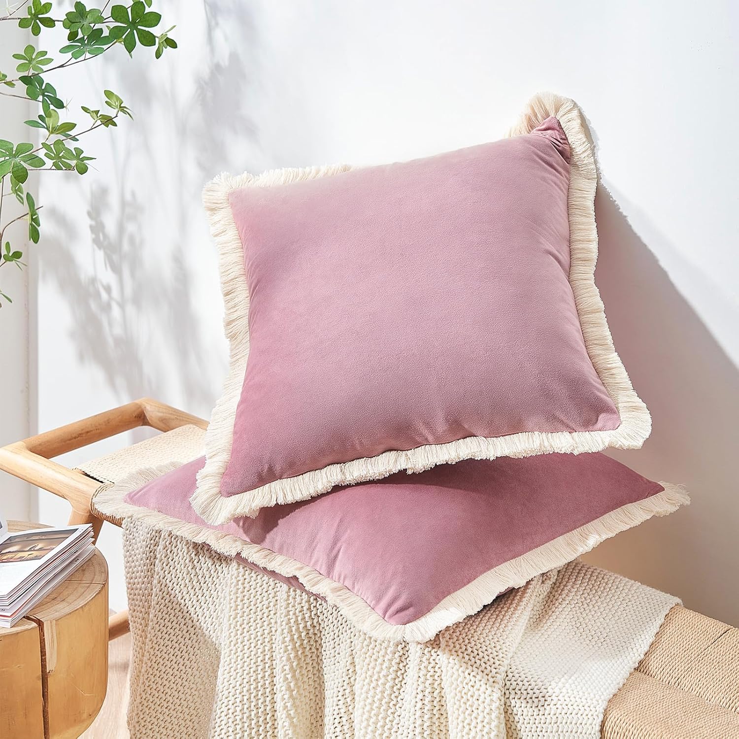 MONDAY MOOSE Decorative Throw Pillow Covers Cushion Cases, Set of 2 Soft Velvet Modern Fringe Tassel Designs, Mix and Match for Home Decor, Pillow Inserts Not Included (20x20 inch, Dusty Pink)