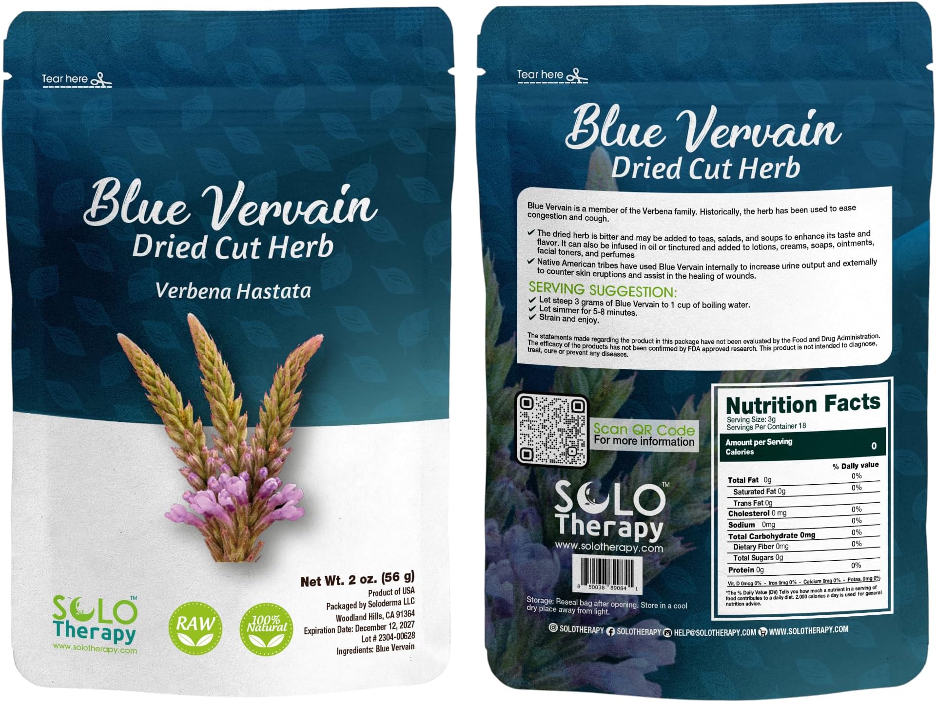 Blue Vervain Herb Cut and Sifted - Resealable Bag - 56 grams - Verbena hastata Premium Quality (Blue Vervain Herb)