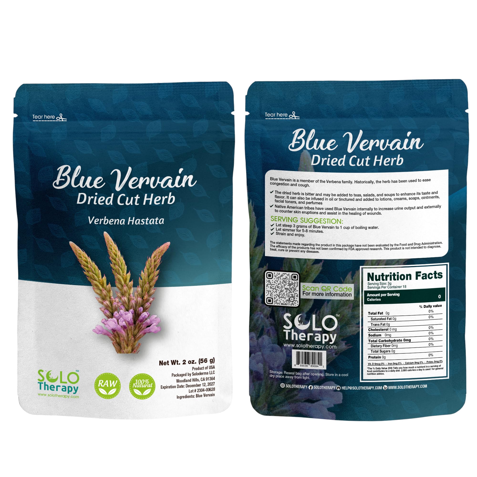 Blue Vervain Herbal Tea - Resealable Bag - 56 grams - Blue Vervain Tea - Verbena Hastata - Premium Quality (Blue Vervain Herb)