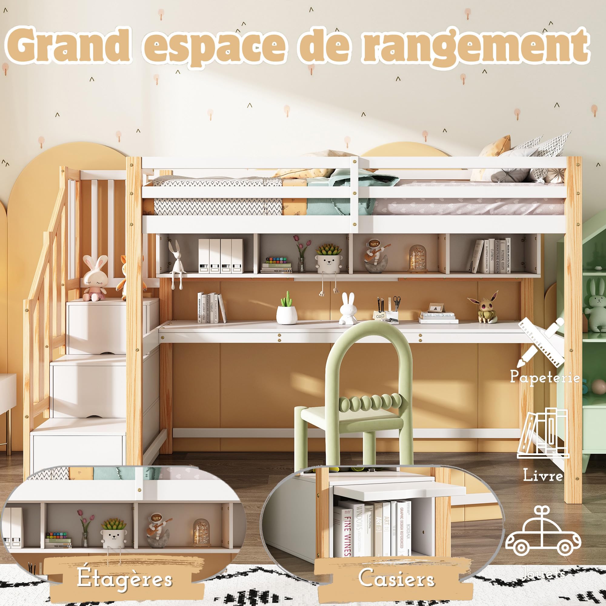 Merax Lit Mezzanine 90 x 200 cm, avec Grand Bureau et Escaliers de Rangement, Lit Enfant avec Étagères de Stockage, pour Garçon et Fille, Blanc et Bois (sans Matelas)