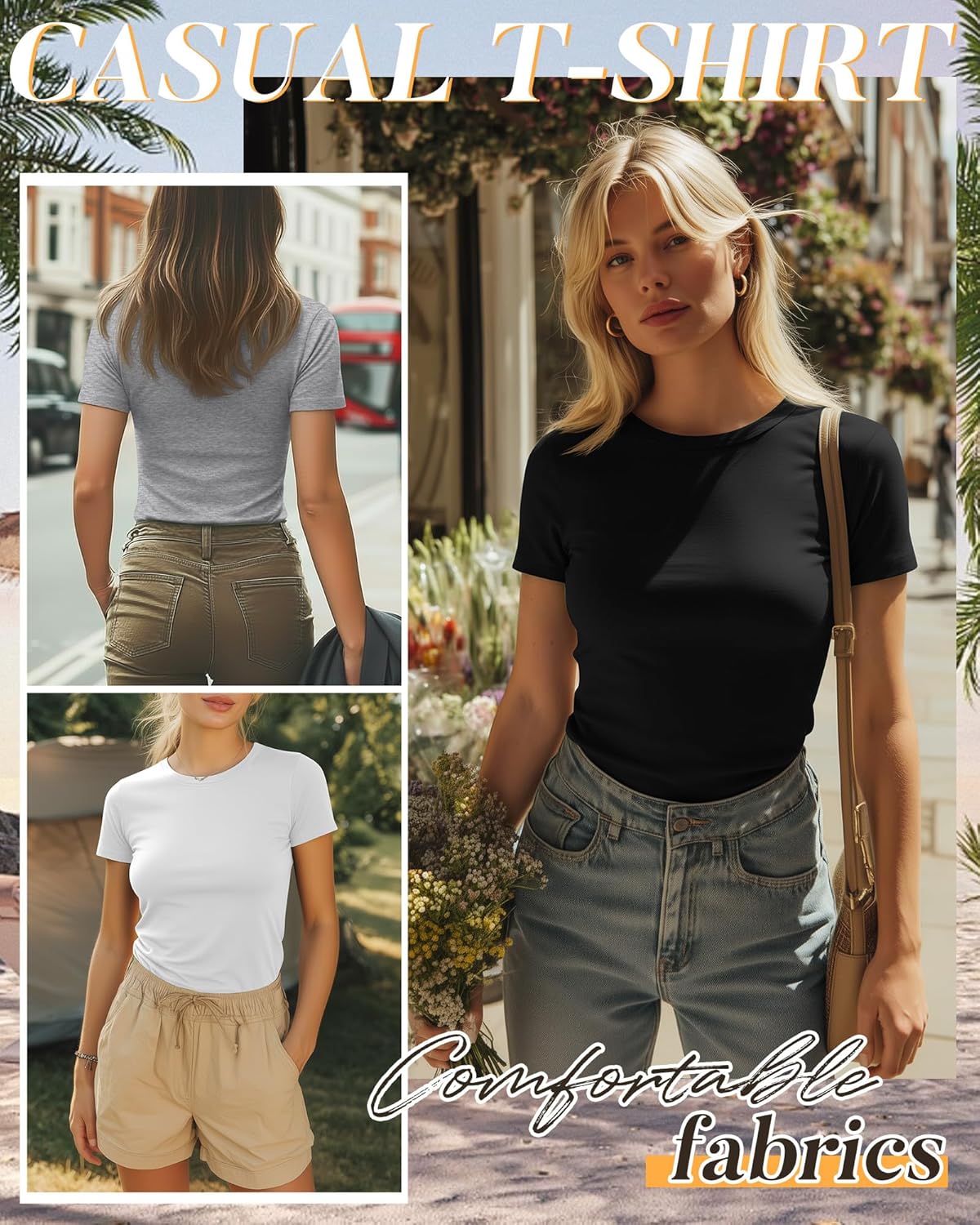 Ficerd 4 Pack Women's Basic Short Sleeve Shirts Slim Fitted Crew Neck Tees Casual Cotton Blend Summer Tops - Image 5