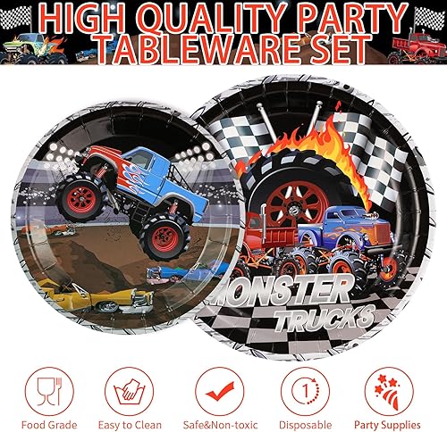Miniatura 3 de 96 piezas Monster Truck suministros para fiesta de cumpleaños, platos de camión monstruo, servilletas, tenedores, camión monstruo, vajilla para