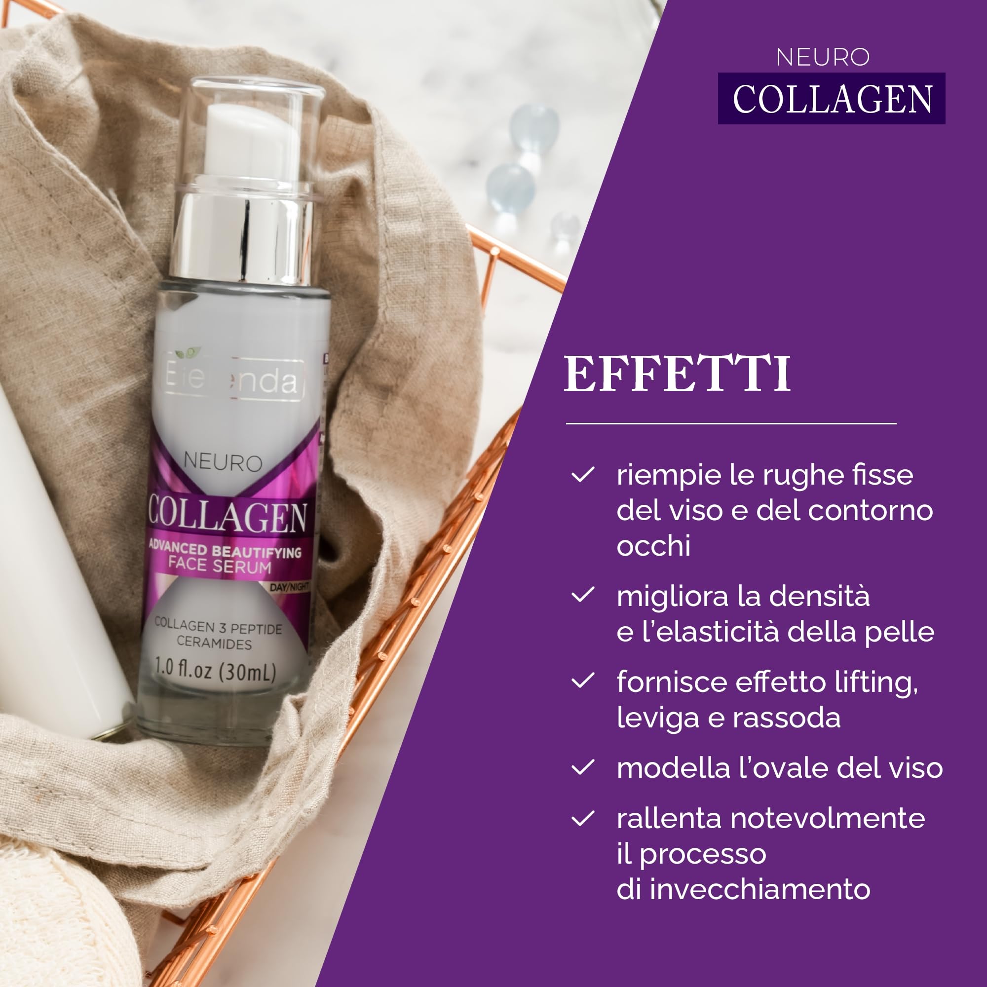Bielenda Neuro Collagen Sérum Facial, Sérum con Péptidos de Colágeno y Ceramidas, Antiedad, Antiarrugas, Día/Noche, 30 ml