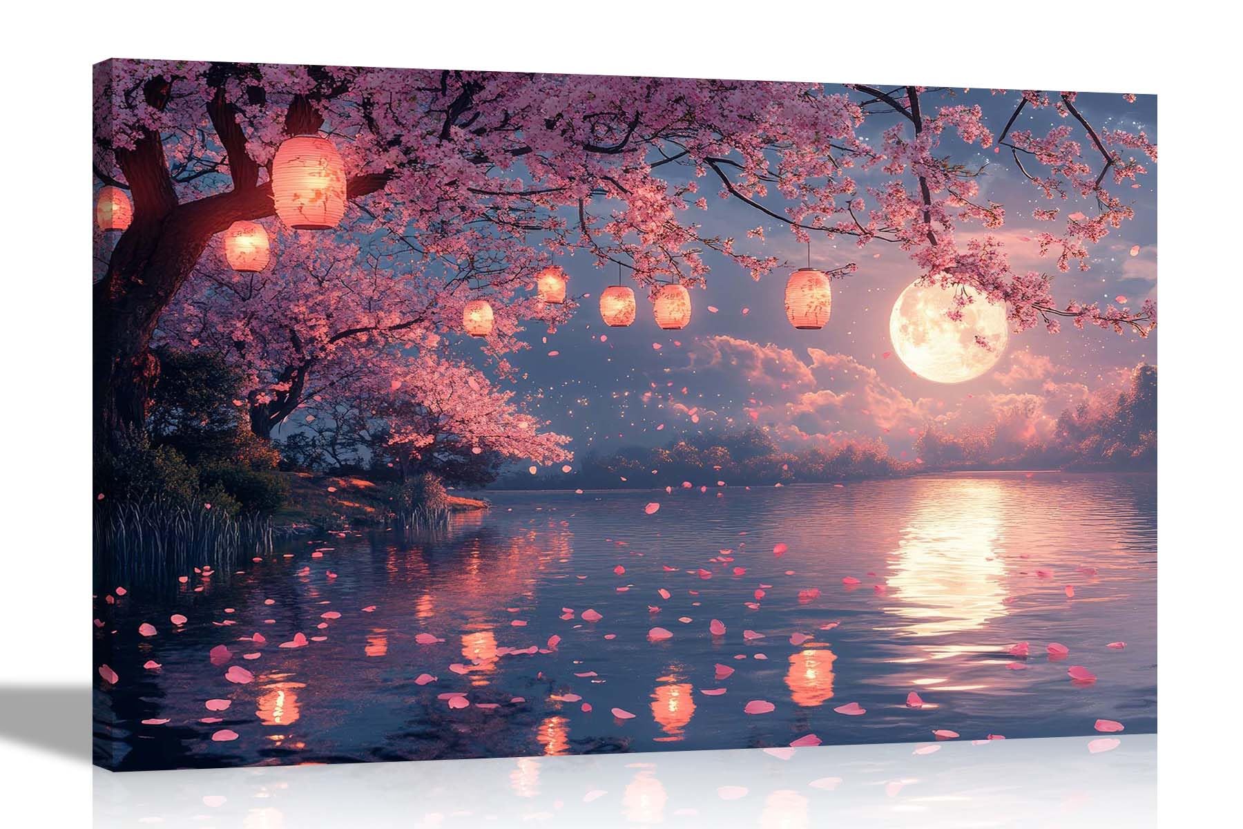 Artley Prints Lantern Tree Moon Lake - Japanese Lanterns On Trees At Full Moon Lake View Canvas Prints Landscape Print For Living Room Décor Pictures 30 X 20Cm (12 X 8 Inches) A4