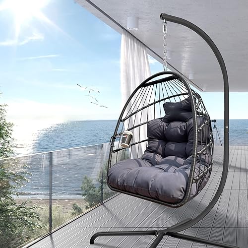 Silla columpio con soporte para interiores y exteriores, resistente a los rayos UV, silla colgante con barandilla y soporte para tazas, marco