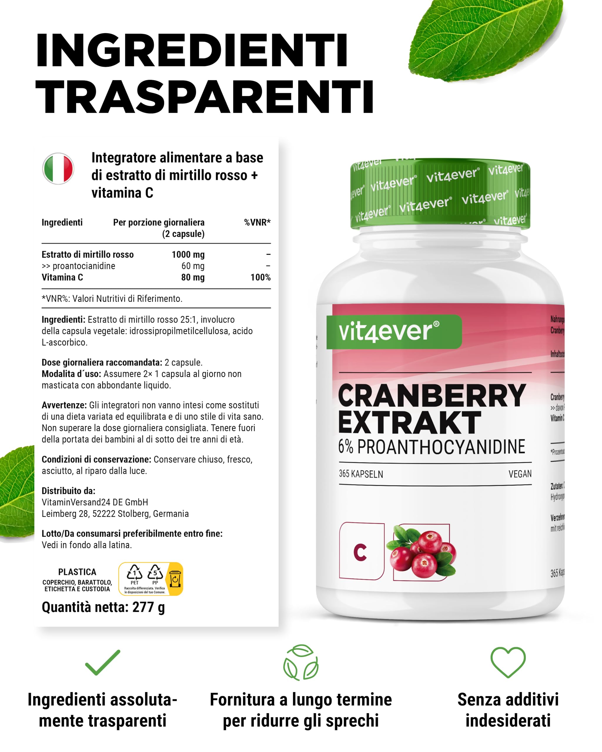 Estratto di mirtillo rosso + Vitamina C – 365 capsule di mirtillo rosso – Estratto 25:1, pari a 25.000 mg – 6% Proantocianidine – Ad alto dosaggio, senza additivi indesiderati, vegano