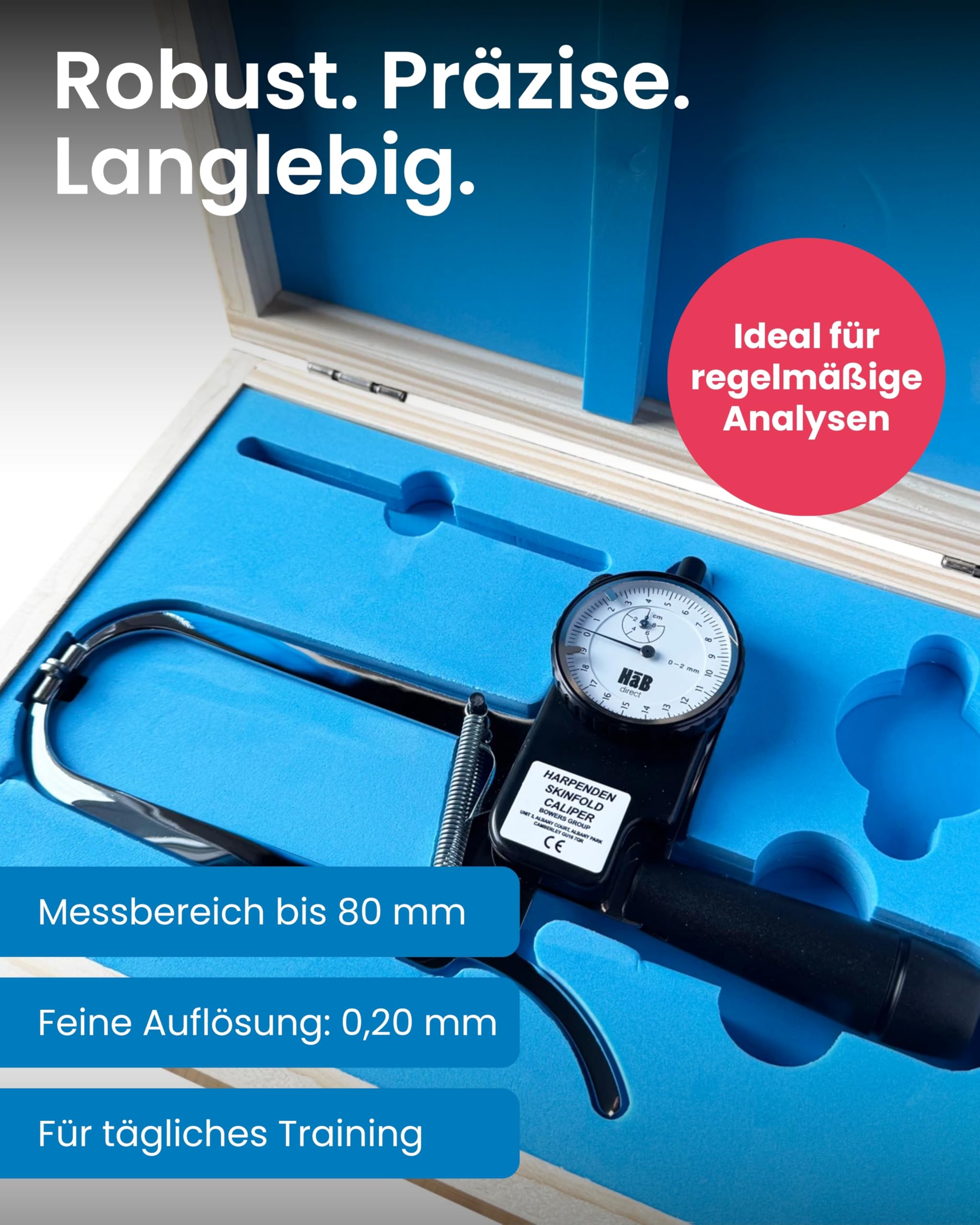 HaB Harpenden Skinfold Caliper I Präzisions Hautfaltenmessgerät zur Körperfettmessung I Caliper Zange mit 0,2 mm Skala I Messbereich 0–80 mm I Körperfettzange inkl. Holzkiste
