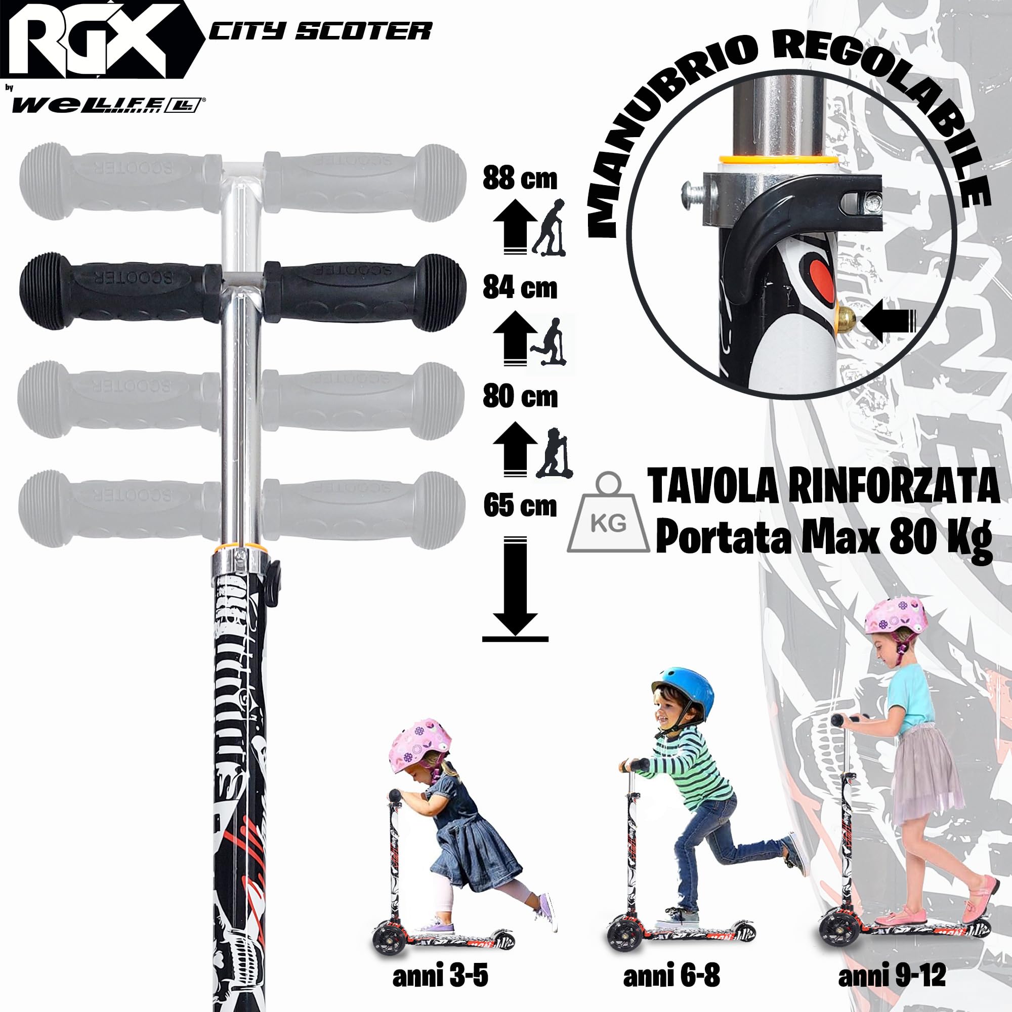 WeLLIFE |Scooter RGX| Monopattino per Bambini da 3 a 12 Anni| Monopattino Bambino 3 Ruote Luminose a LED| Monopattino Bambina con Impugnatura Regolabile in Altezza|