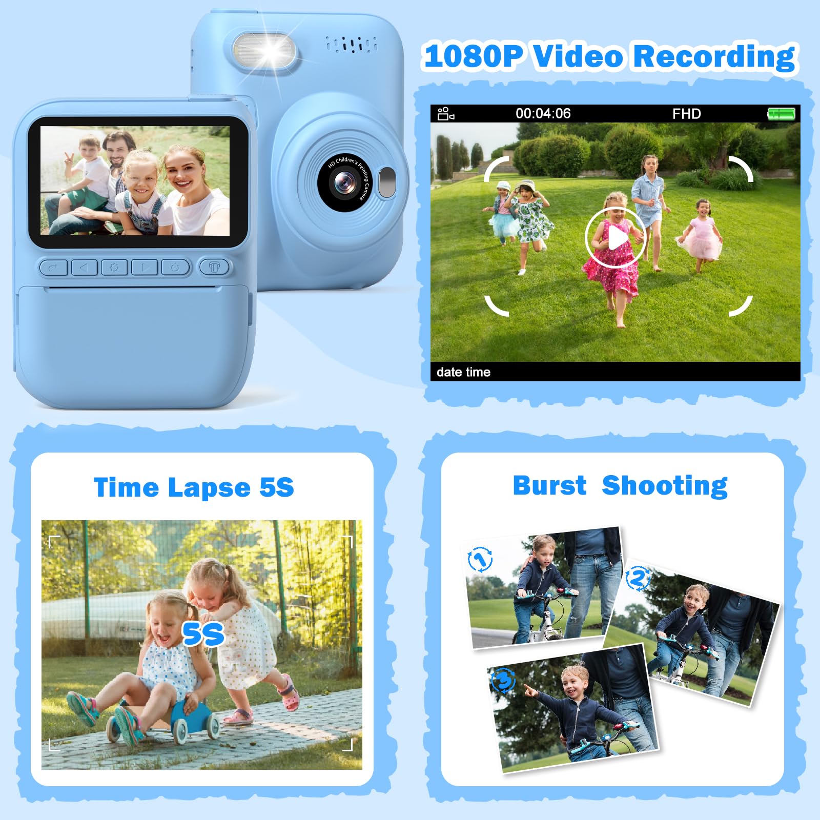Macchina Fotografica Bambini Istantanea,Hangrui 3,0 Pollici Fotocamera Istantanea Bambini con 32GB Scheda,14MP/1080P HD Videocamera Fotocamera Digitale Bambini per Ragazze Ragazzi da 3-12 Anni -Blu