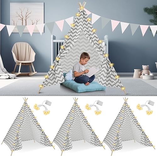 Juego de 3 tiendas de campaña tipo tipi para niños de 6 pies de lona de algodón con tira de luces LED para interiores y exteriores, tiendas de