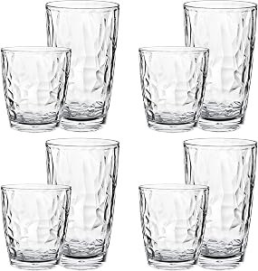 Plastic Water Tumblers | Set of 8 Transparent Unbreakable Drinking Glasses Clear Acrylic Reusable Juice Wine Cups |4 Each: 12-Ounce and 16-Ounce for Home Picnic Party, Dishwasher Safe, Stackable