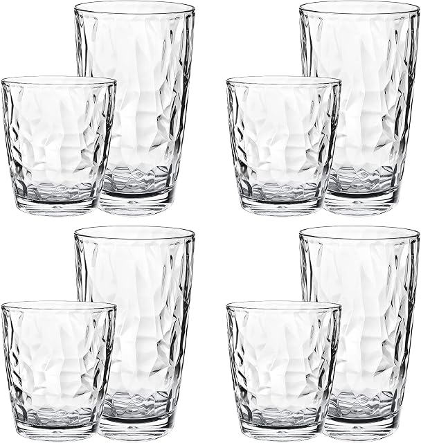 Plastic Water Tumblers | Set of 8 Transparent Unbreakable Drinking Glasses Clear Acrylic Reusable Juice Wine Cups |4 Each: 12-Ounce and 16-Ounce for Home Picnic Party, Dishwasher Safe, Stackable