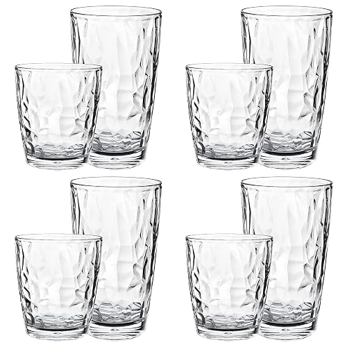 Plastic Water Tumblers | Set of 8 Transparent Unbreakable Drinking Glasses Clear Acrylic Reusable Juice Wine Cups |4 each: 12-ounce and 16-ounce for Home Picnic Party, Dishwasher Safe, Stackable